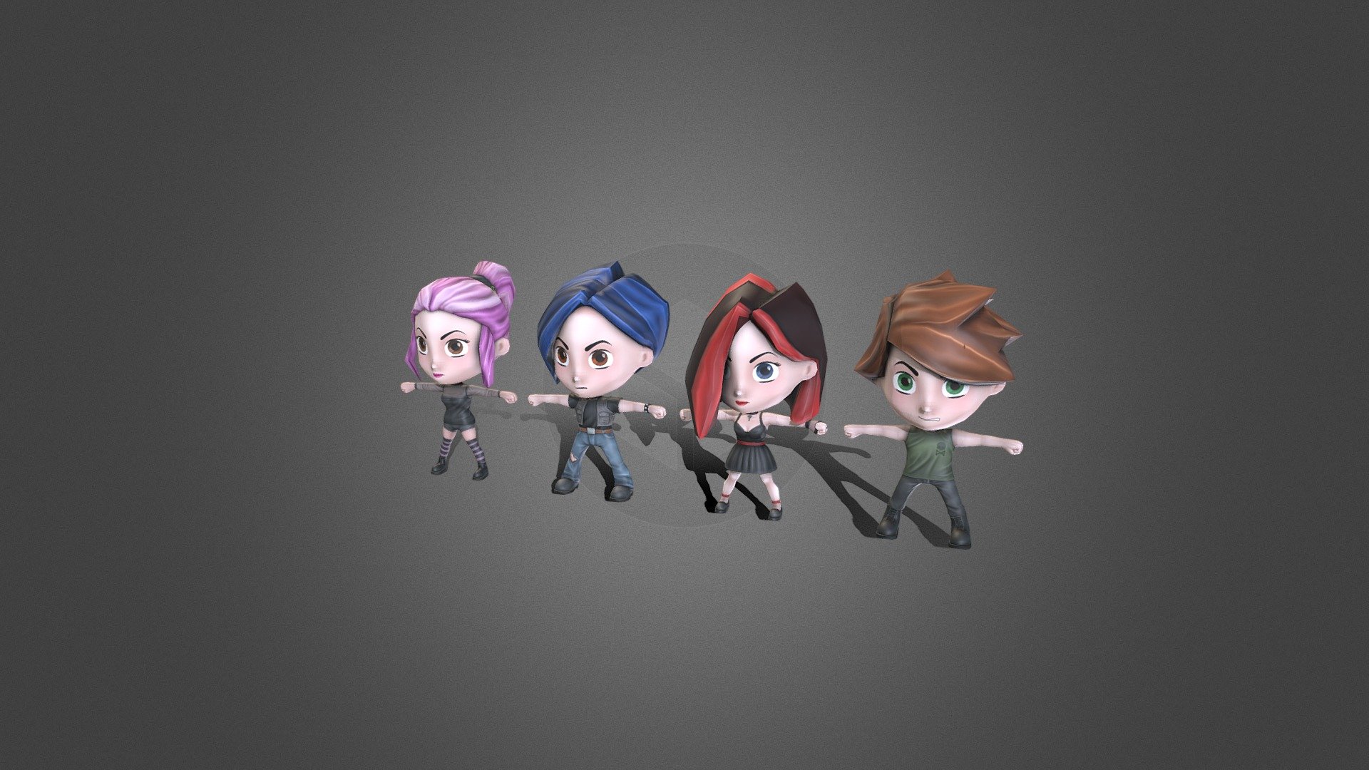 Low poly characters chibi style. Skinned 3d model