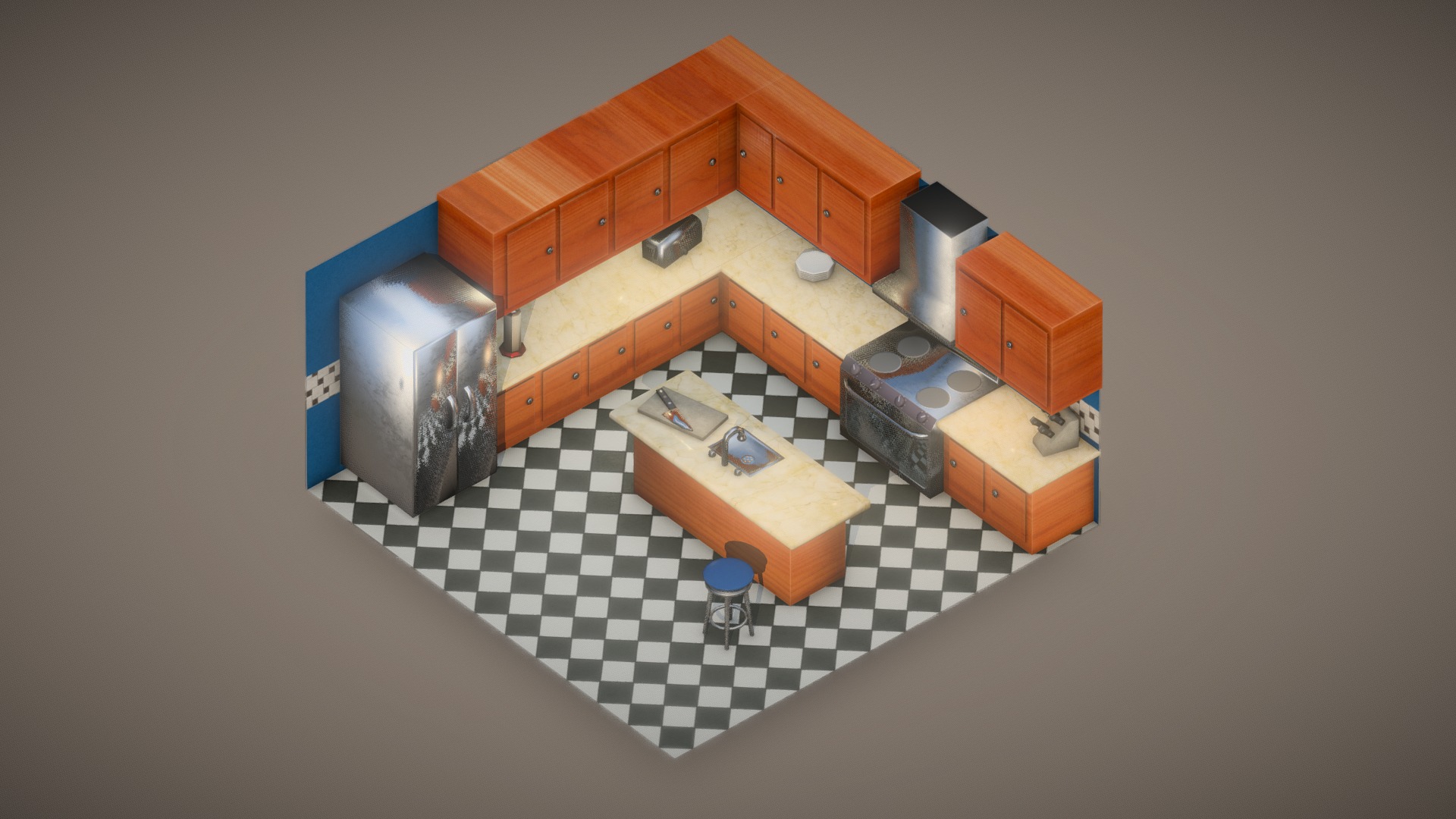 Took a lot longer than I expected because this week has been fairly crazy, but here's another in a series of isometric room dioramas. I still think I prefer how the first one turned out, the living room diorama. How bright and clean it was, and yet more flatly shaded. 

Modelled in Blender, Textured in Substance Painter

As Rendered from Blender:

 - Kitchen Diorama - 3D model by Blackhart 3d model