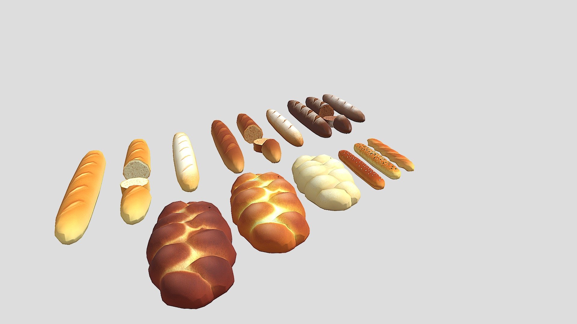 Challah is a Jewish traditional holiday bread, which is made from rich yeast dough with eggs, as well as part of the dough, separated in favor of the priests.
A French baguette is a long and thin bakery product, soft inside, with a crispy crust, often dusted with flour 3d model