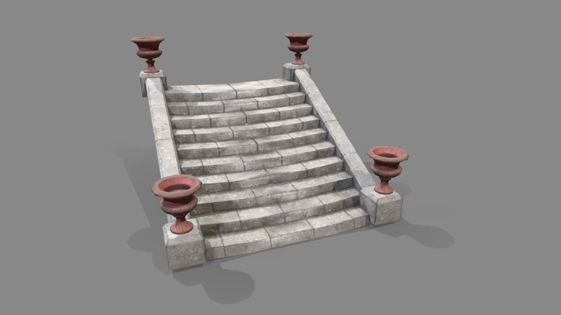 Low poly Victorian stairs with Urns

Overlapping UVs  for the stair, none over lapping for the Urns.

urn is 337 Polys and the stairs are 138 polys
Textures 4096x4096 Defuse, Metallic, Roughness, normal, AO.

Also included is the .spp for ease of editing the texture on substance painter 3d model