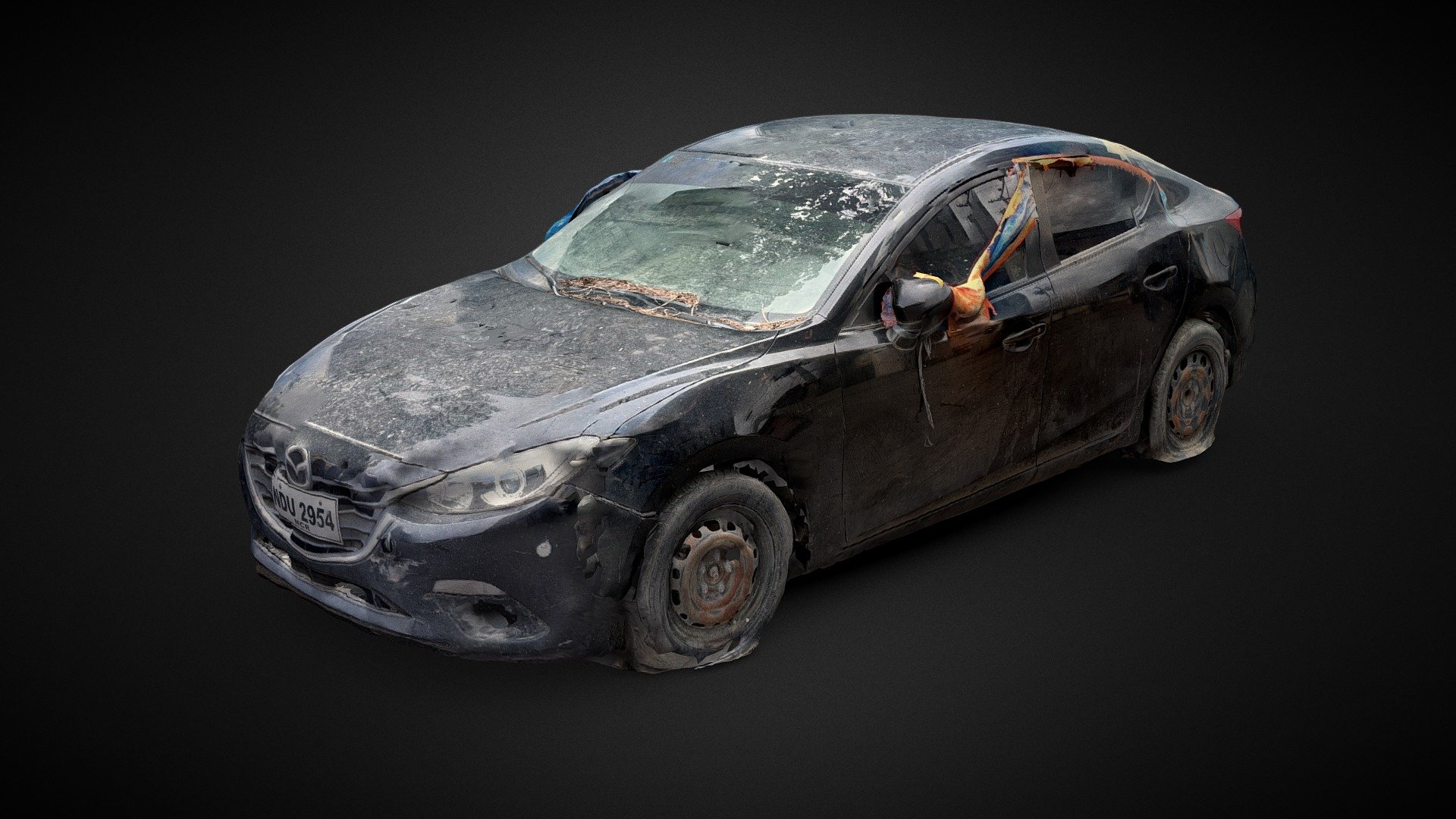 A black car covered with dirt and dust. Some tarpaulin hanging from the side. 
Located in Davao City, Philippines

Medium: LiDar Scanned via Polycam using an Iphone 13 Pro Max - Abandoned Black Dirty Car With Tarpaulins - 3D model by Alben Tan (@albentan2012) 3d model