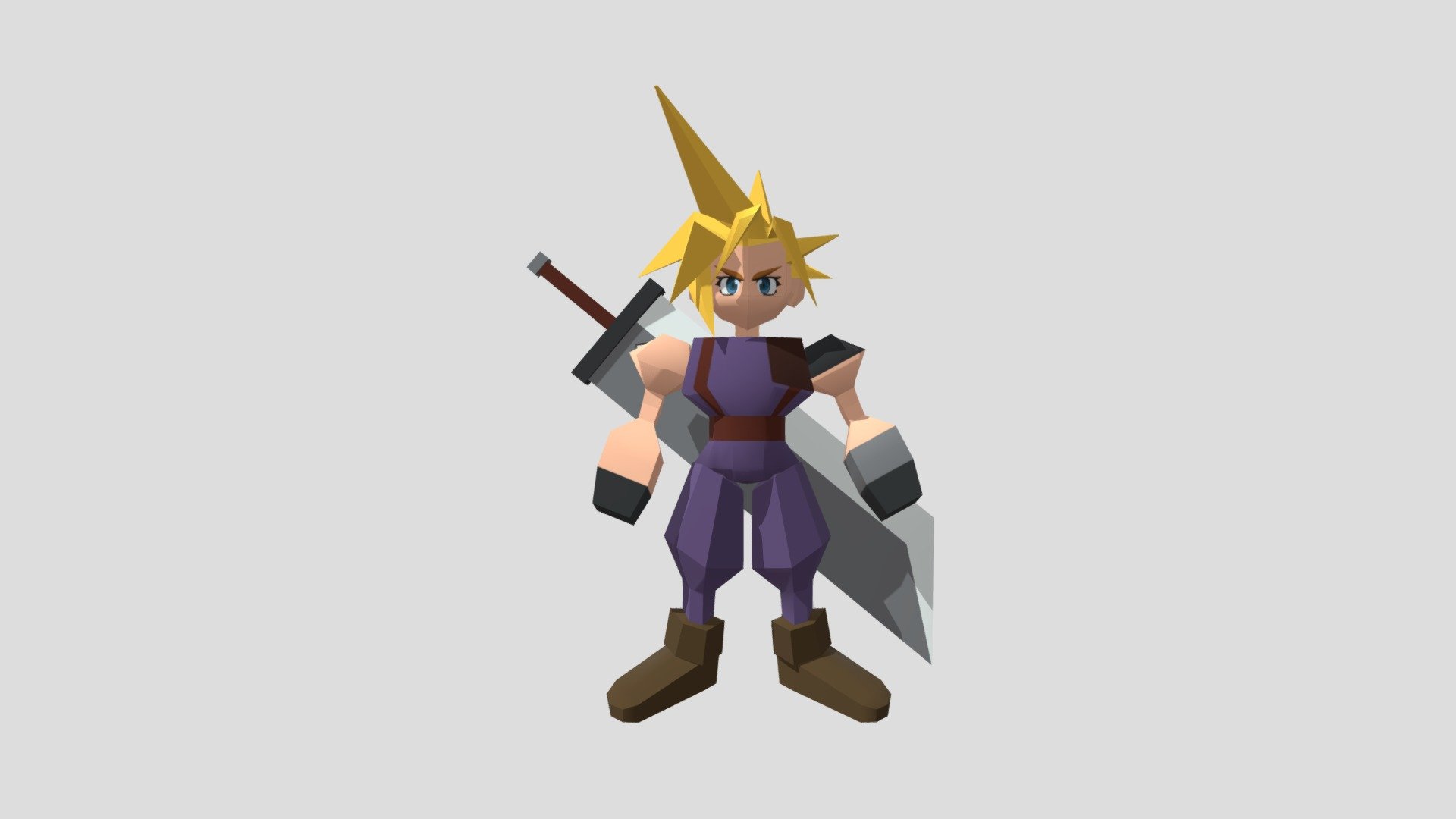 Cloud Strife poyligon version done in MAYA. Did my best to be as close to the original but with some modern twist (like more definition on the eyes) 3d model