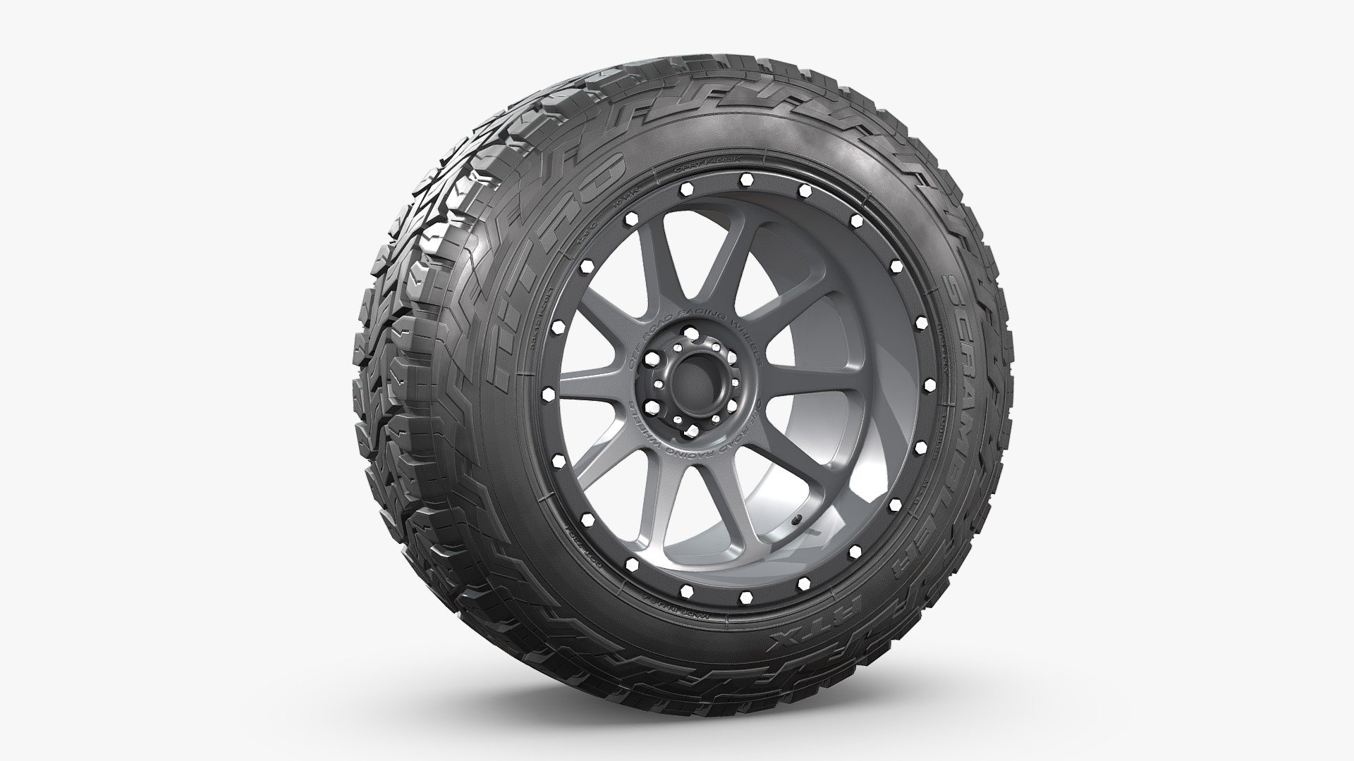 NN 3D store.

3D model of an off road wheel and tire combo.

The model is fully textured and was created with 3DS Max 2016 using the open subdivision modifier which has been left in the stack. There is also a Blender version.

SPECIFICATIONS:

The model has 32.500 polygons with subdivision level at 0 and 130.000 at level 1.

FBX, OBJ and 3DS files have been included in separated HI and LO subdivision versions.

PRESENTATION:

Renderer: V Ray and Cycles.

MATERIALS AND TEXTURES:

All materials and textures are included and mapped in all files, settings might have to be adjusted depending on the software you are using.

JPG textures have 2048 x 2048 resolution.

The model includes alternative texture colors to choose 3d model