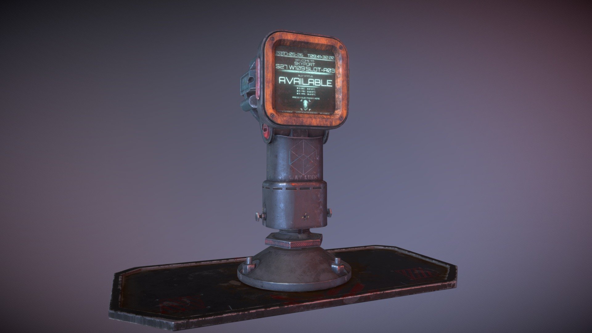 A futuristic parking meter designed to use above the sky. 
In this project, my main focus is hard surface modeling and the creation of a screen texture in Substance Designer.

Background story: 
In the year of 2097, personal aircrafts are heavily use among our civilization, cryptocurrency become our main unit for trade, and most of us are living above the sky. 
To relieve the ongoing demand for personal aircraft parking slot, &lsquo;WAY LINK' has developed a mid-air GPS tracked parking station for travelers to use 3d model