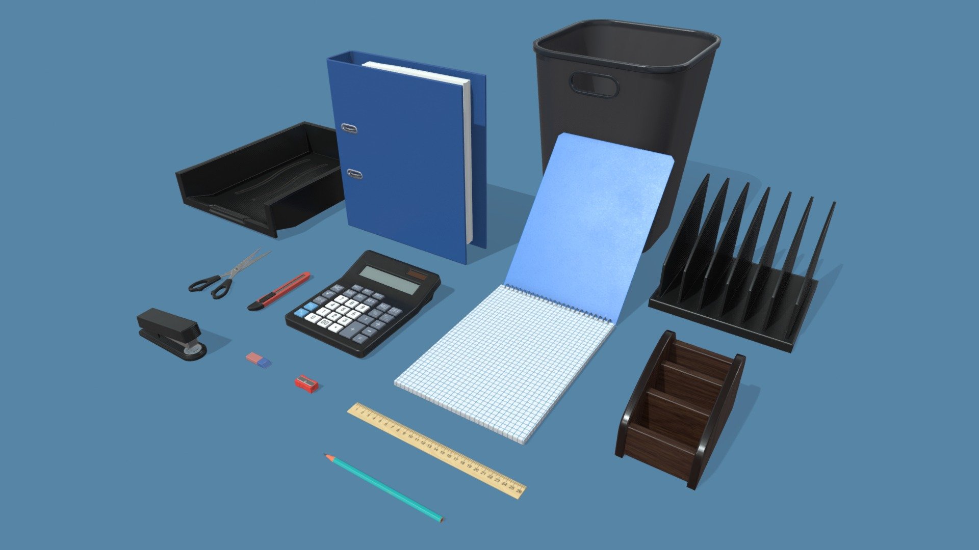 Game ready low-poly Office Supplies models collection with PBR textures for game engines/renderers.

The collection consists of calculator, box cutter, pencil eraser, notebook, organizer, paper tray, pencil, ring binder, ruler, scissors, pencil sharpener, stapler, sorter paper, trash can.

This product is intended for game/real time/background use. This model is not intended for subdivision. Geometry is triangulated. Model unwrapped manually. All materials and objects named appropriately. Scaled to approximate real world size. Tested in Unreal Engine 4. Tested in Unity. No special plugins needed. .obj and .fbx versions exported from Blender 2.83.

4096x4096 textures in png format:
- General PBR Metallic/Roughness  textures: BaseColor, Metallic, Roughness, Normal, AO;
- Unity Textures: Albedo, MetallicSmoothness, Normal, AO;
- Unreal Engine 4 textures: BaseColor, OcclusionRoughnessMetallic, Normal;
- PBR Specular/Glossiness textures: Diffuse, Specular, Glossiness, Normal, AO 3d model