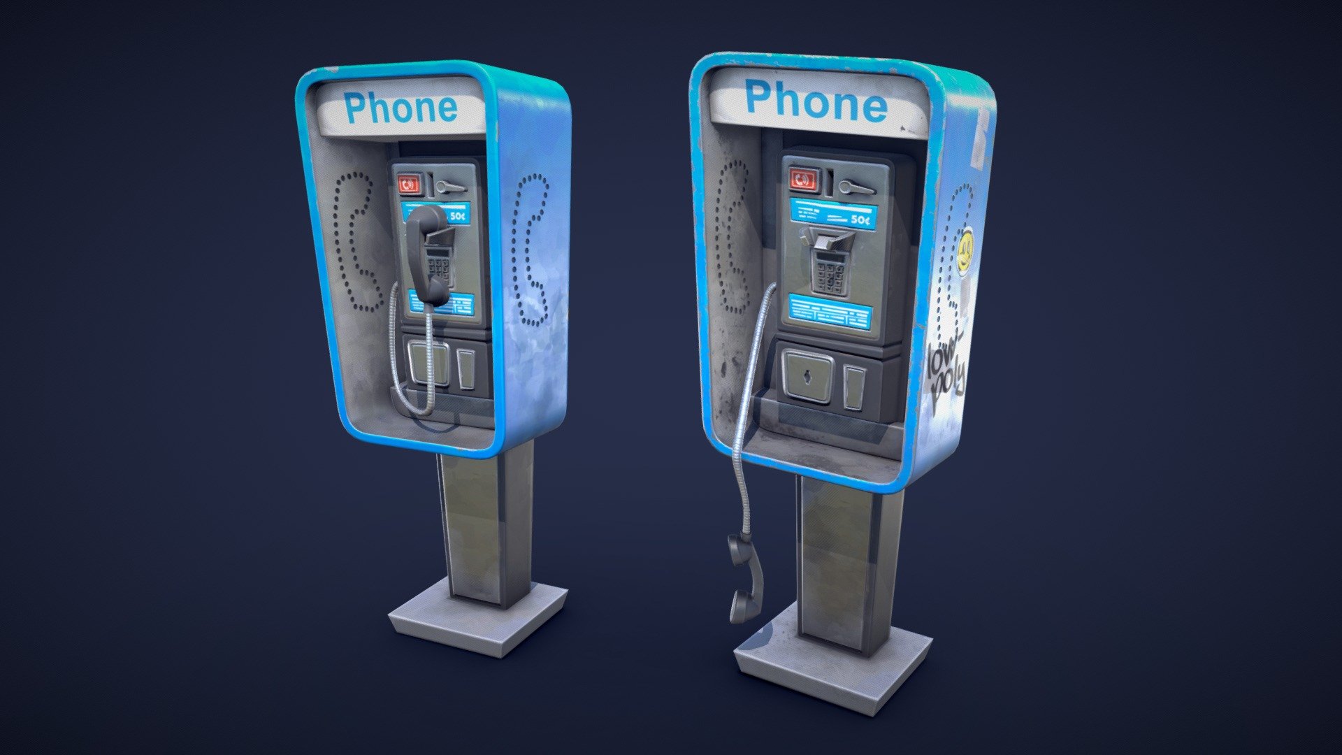This stylized payphone model pack is featuring two different models and textures: clean and dirty.
Whether you want to create a modern urban scene or a post-apocalyptic wasteland, this stylized payphone model will add some personality and detail to your project. 

Model information:




Optimized low-poly assets for real-time usage.

2K and 4K textures for the assets are included.

2  variation textures are included.

Optimized and clean UV mapping.

Compatible with Unreal Engine, Unity and similar engines.

All assets are included in a separate file as well.
 - Stylized Pay Phone / Phone Booth - Low Poly - Buy Royalty Free 3D model by Lars Korden (@Lark.Art) 3d model