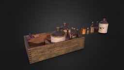 Wooden box with bottles.