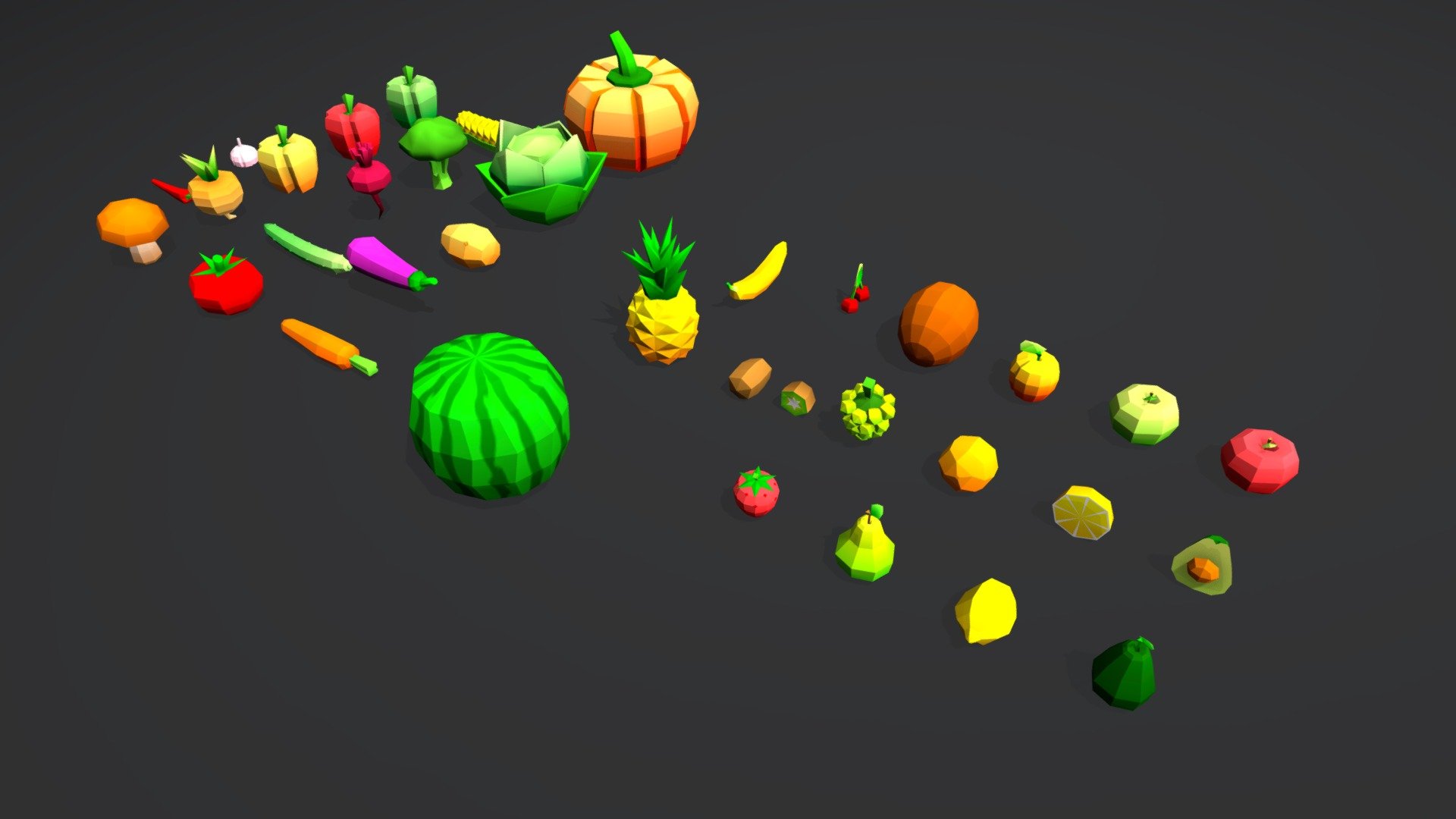 Game-ready fruits and vegetables models. Pack include 35 models and 1 texture. Perfect for mobile games.

LOD: None
Textures: 1 (512x512px)

Don’t forget to ranked the package if you download it. It’s helping me to make greatest things.

Thank you! - Low Poly Collection - Fruits & Vegetables - 3D model by Exo404 (@sergeycg) 3d model