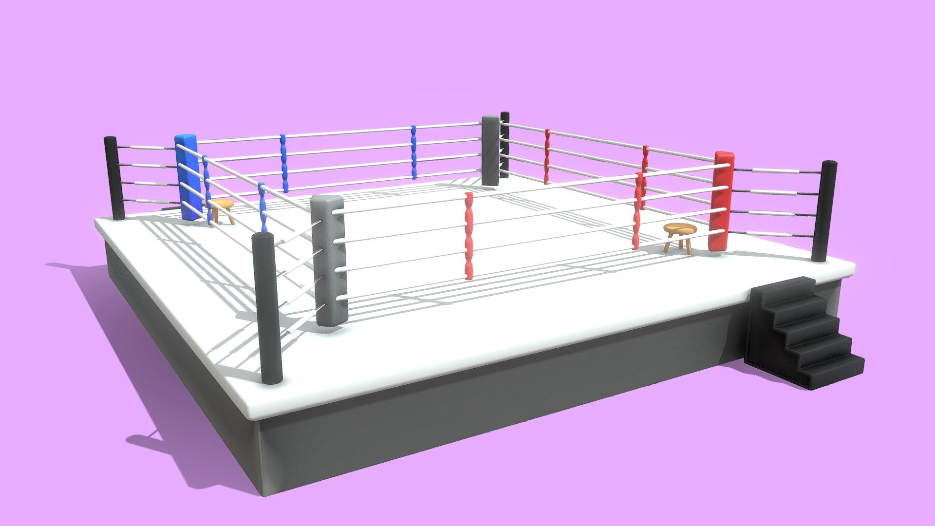 A Boxing ring with a lot of rounded/beveled edges and corners.
Not intended to be accurate but for props or asset purposes.

3D MODEL




includes FBX file with embedded textures

includes OBJ and MTL files

includes BLENDER file

includes Textures folder

Textures resolution is 2048x2048 each.

4 Meshes x 5 Materials each = 20 Image Files.

Meshes are : Floor, Ropes, Stairs, and Stool

Materials are : Base Color, Metallic, Roughness, Normals, Height

Textures are in PNG format.
 - Boxing Ring - 3D model by AnshiNoWara NG+ (@Anshinowara2) 3d model