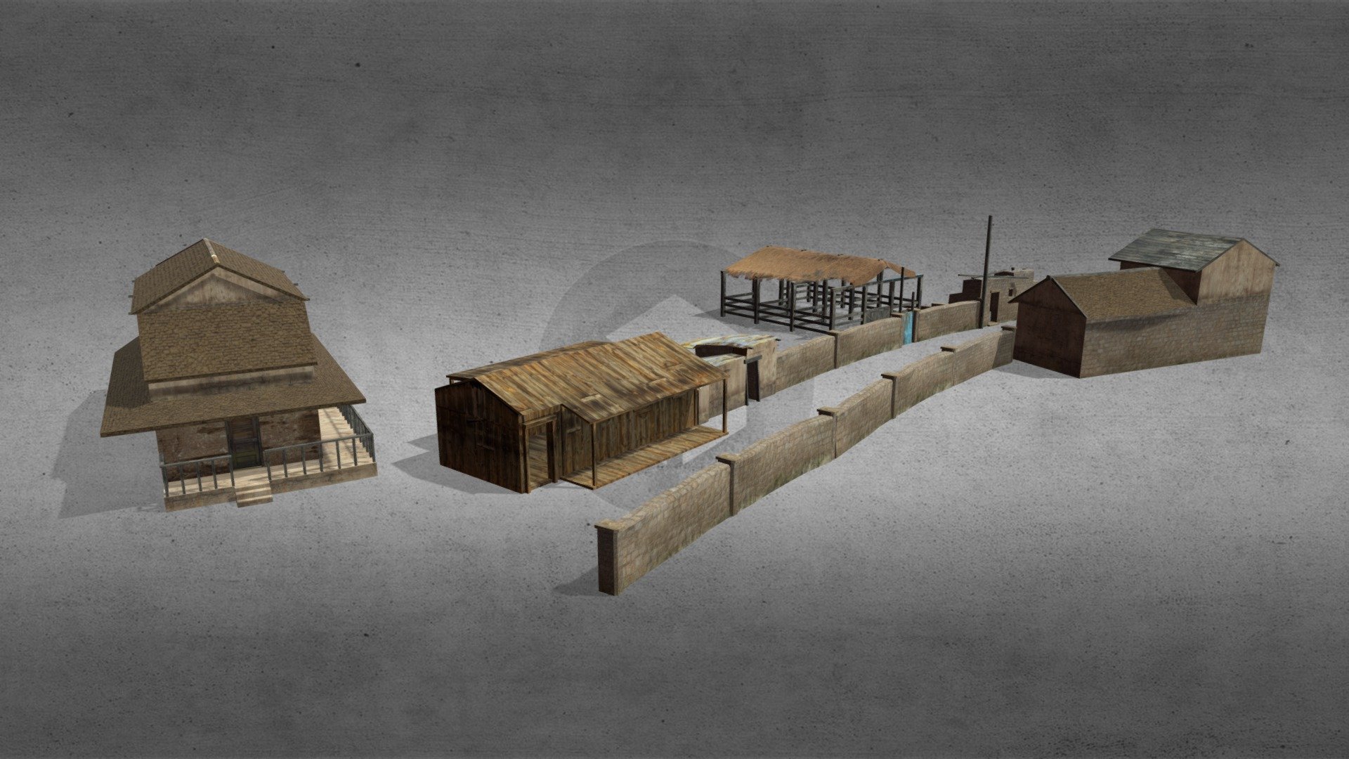 This is a set of farm-style buildings, including a gated barn and houses on the site. Fence sections help herd the animals in the correct direction.

Product Features:




Approx 3,406 polygons.

Made entirely with 3 and 4 point polygons.

Includes group information, which your software should interpret as separate parts for the buildings, fence sections, gates, and rocks.

The model is not rigged.

The model is UV mapped.

Textures and corresponding normal/ bump maps (in jpg format) are included, at 4096x4096 pixels.

Original model by Arteria3D and uploaded for sale here with full permission 3d model