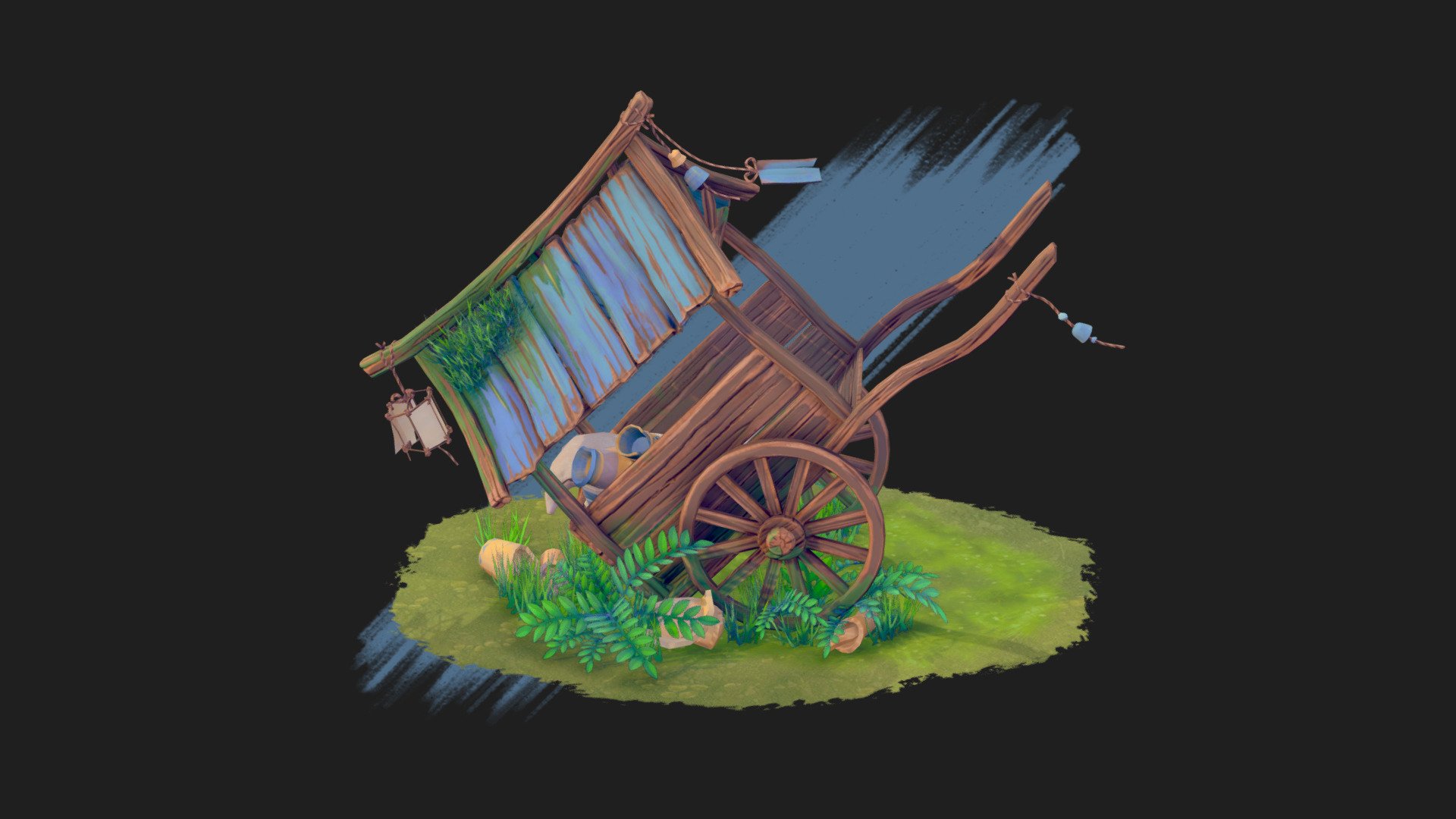 Artstation post: https://www.artstation.com/artwork/PX2N3Z

For my week 10 CGMA Stylized Game Assets course assignment, I designed and created a cart asset inspired by Kena: Bridge of Spirits made by Ember Lab. I made the concept for the cart in Krita, then sculpted it in Zbrush, 3D modeled it in Blender, and textured it with Substance Painter. My aim was to make sure that the asset would fit in with the game's environment and art style.
Overall, I'm happy with the result. Hope you like it! ^^ - Wooden Cart - 3D model by Maria Ioana (@MariaIoana) 3d model