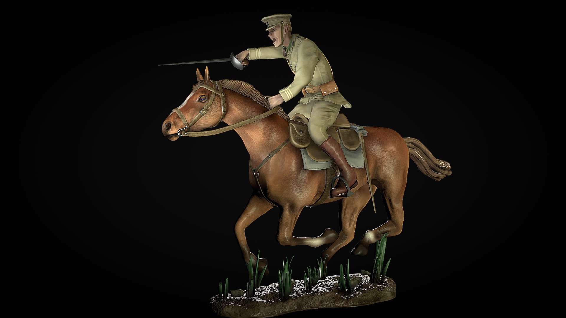 Just updated this download with a new stl file file for printing (21 June 2020) - noticed error in earlier version.
 A high-poly Zbrush model ready for 3d printing  The model depicts a British cavalry officer during a cavalry charge in WW1.  During the first world war cavalry tactics changed with an emphasis on dismounted firepower and covering fire from the flanks, using machine guns and attached artillery to support cavalry charges.  The download for this model includes the textured fbx file displayed here and an stl file ready for 3d printing - see images below.  The stl file is based on a high-poly version of the model decimated for printing.  I have hollowed out the model and thickened some of the very thin parts to help with printing.



 - Cavalry (new stl file) charge - WW1 - British - Download Free 3D model by Andy Woodhead (@Andywoodhead) 3d model