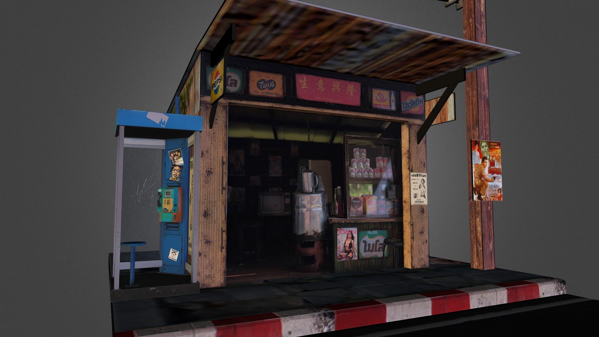 Phone Booth And Coffee Shops (Thai vintage) - Download Free 3D model by Jiradet 3d model