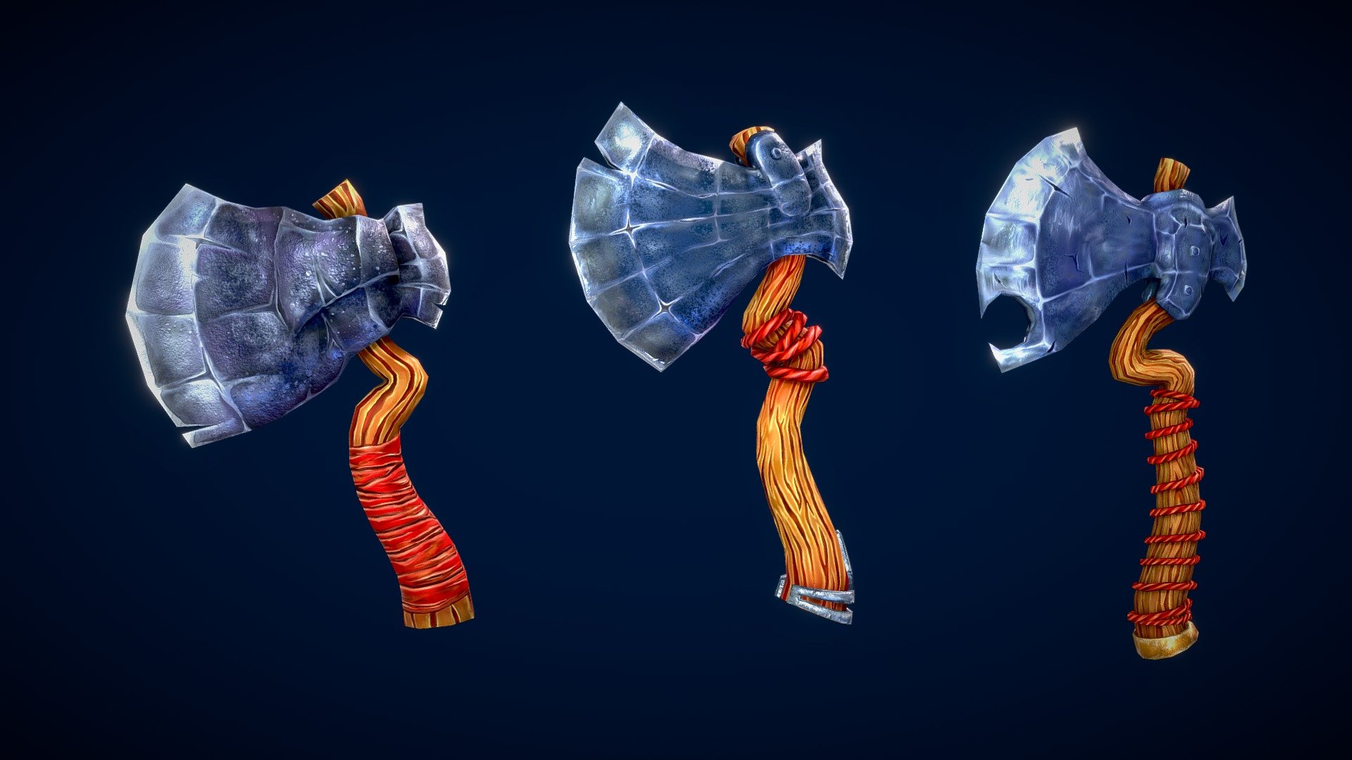 Legendary Three of Axes has fallen to challenge to the hand of the Warriors.
Technical Information:

Texture Formats:
Resolutions 2048x2048px ✓
Ambient Occlusion ✓
BaseColor ✓
Metallic ✓
Normal ✓
Roughness ✓
Height ✓

Number of Textures: 18

File Formats:
FBX, OBJ, .Blend.

Trio Render Preview:


Polygon Preview:
 - Trio Axe Collection 1 (GameReady) - Buy Royalty Free 3D model by adynhaidar 3d model