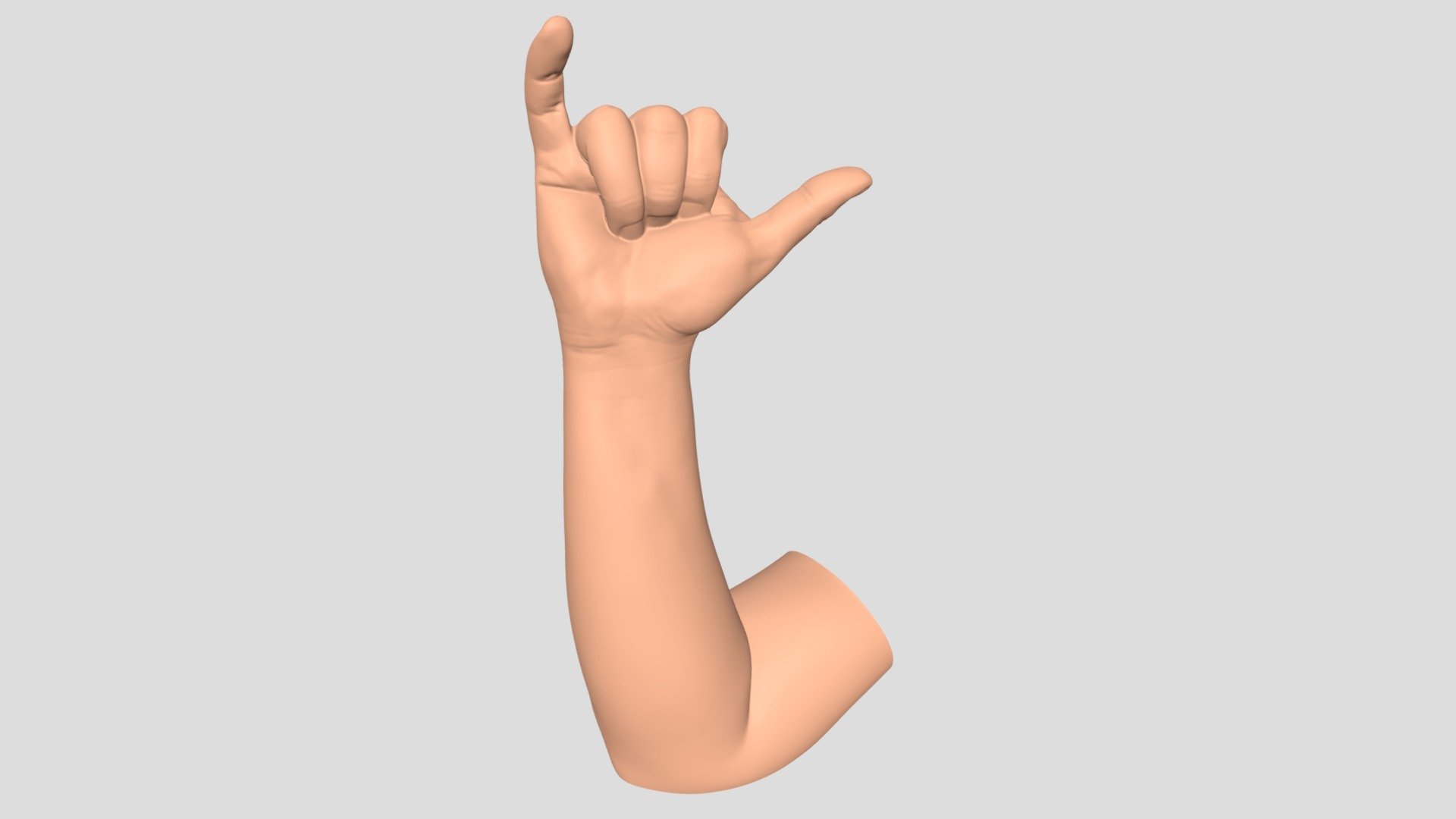 The 3D model is a 3D scan of a human hand. It shows the shaka sign also known as hang loose. The 3d model is cleaned up and optimized in Zbrush. I preserve much as possible from the arms. So you can cut it where you like and 3D print it for a table- or wall decoration for example. The 3D model of the hands can used as a reference for modeling , retopology and 3D print. The size of the model is true to scale 3d model