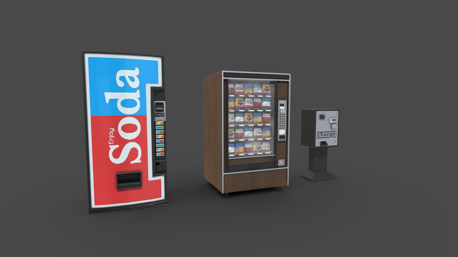 Series of common vending machines, based on those from the 90s-early 2000s.

Modeled in Autodesk Maya 2016, textured in Substance Painter 2019.3.3 - 90s Vending Machines - 3D model by Evan Hiltz (@evan.hiltz) 3d model