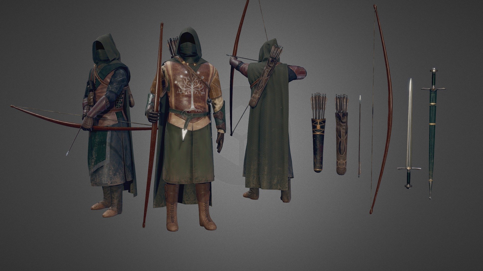 Ithilien Rangers from The Lord of the Rings trilogy, based on Weta design. Made for the Kingdoms of Arda - Mount &amp; Blade II: Bannerlord mod.
https://www.moddb.com/mods/a-lord-of-the-rings-mod-kingdoms-of-arda

It includes outfits for Faramir, captiain of Gondor and leader of Ithilien rangers, and for 2 common rangers. Plus quivers and weapons such as Ithilien (Gondor) longbow and uniqe Faramir's sword 3d model