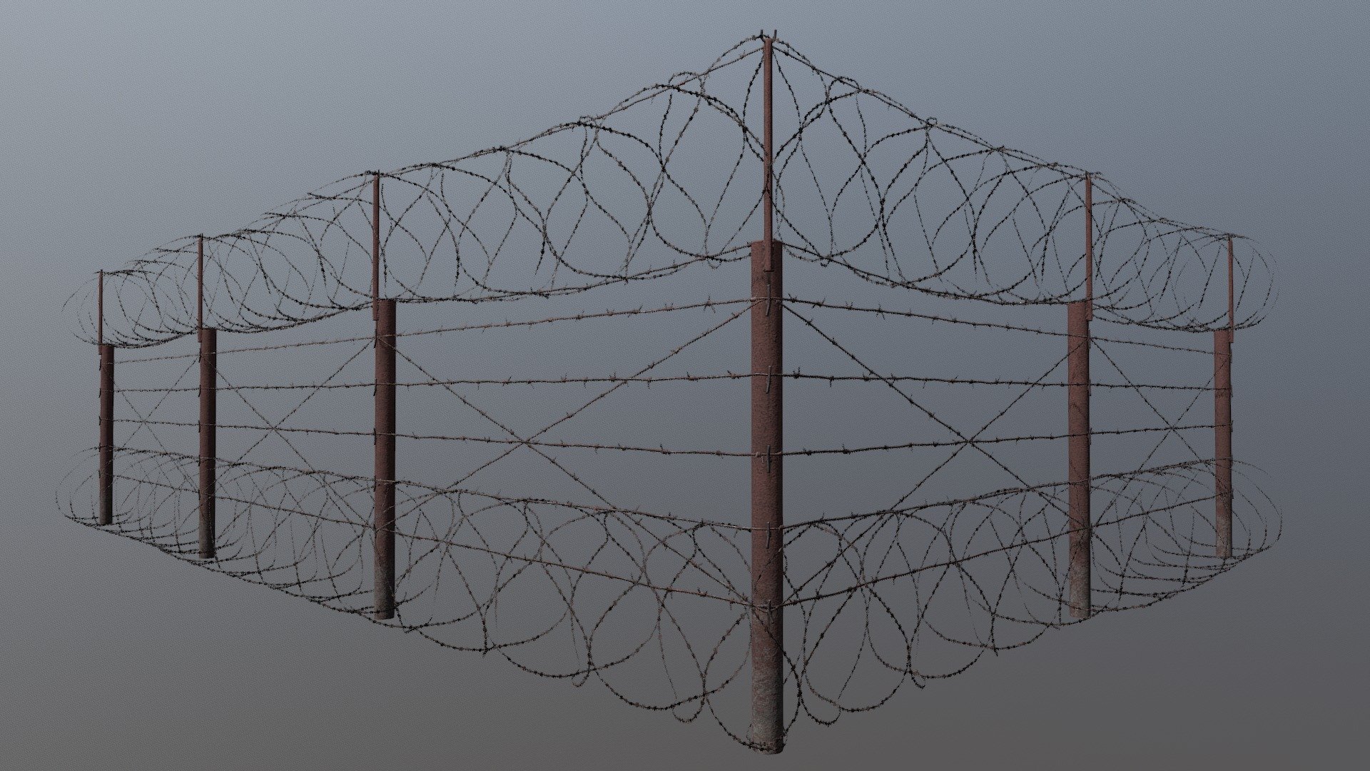 Old rusted barbwire fence

Modular game model with PBR textures

Pole - 220 tris, 2048x512

Wire segment - 1626 tris, 2048x1024

Wire corner segment - 3282 tris, 2048x1024

Height - 3 meters, segment width - 3,5 meters

Unity 5 package version: 2017.1.0f3
 - Old rusted barbwire fence - 3D model by Aleksey Kozhemyakin (@aleksey-k) 3d model