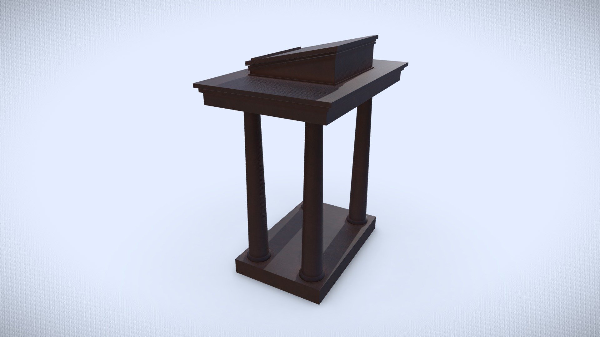 This 3D model is a Dark Wooden Colum Pulpit (Lectern)
Made in Blender 2.8x (Cycles Materials) and Rendering Cycles.
Main rendering made in Blender 2.8 + Cycles using some HDR Environment Textures Images for lighting which is NOT provided in the package!

What does this package include?
3D Modeling of a Heart Wooden Decoration Box
Textures of 3D model  in 2K (Base Color, Normal Map, Roughness) 

Important notes 
File format included - (Blend, FBX, OBJ)
Texture size -  2K (Base Color, Normal Map, Roughness) 
Uvs non - overlapping
Polygon: Quads
Centered at 0,0,0
In some formats may be needed to reassign textures and add HDR Environment Textures Images for lighting.
Not lights include 
Renders preview have not post processing
No special plugin needed to open scene.

If you like my work, please leave your comment and like, it helps me a lot to create new content.
If you have any questions or changes about colors or another thing, you can contact me at  we3domodel@gmail.com - Dark Wooden Colum Pulpit (Lectern) - Buy Royalty Free 3D model by We3Do (@giovanny) 3d model