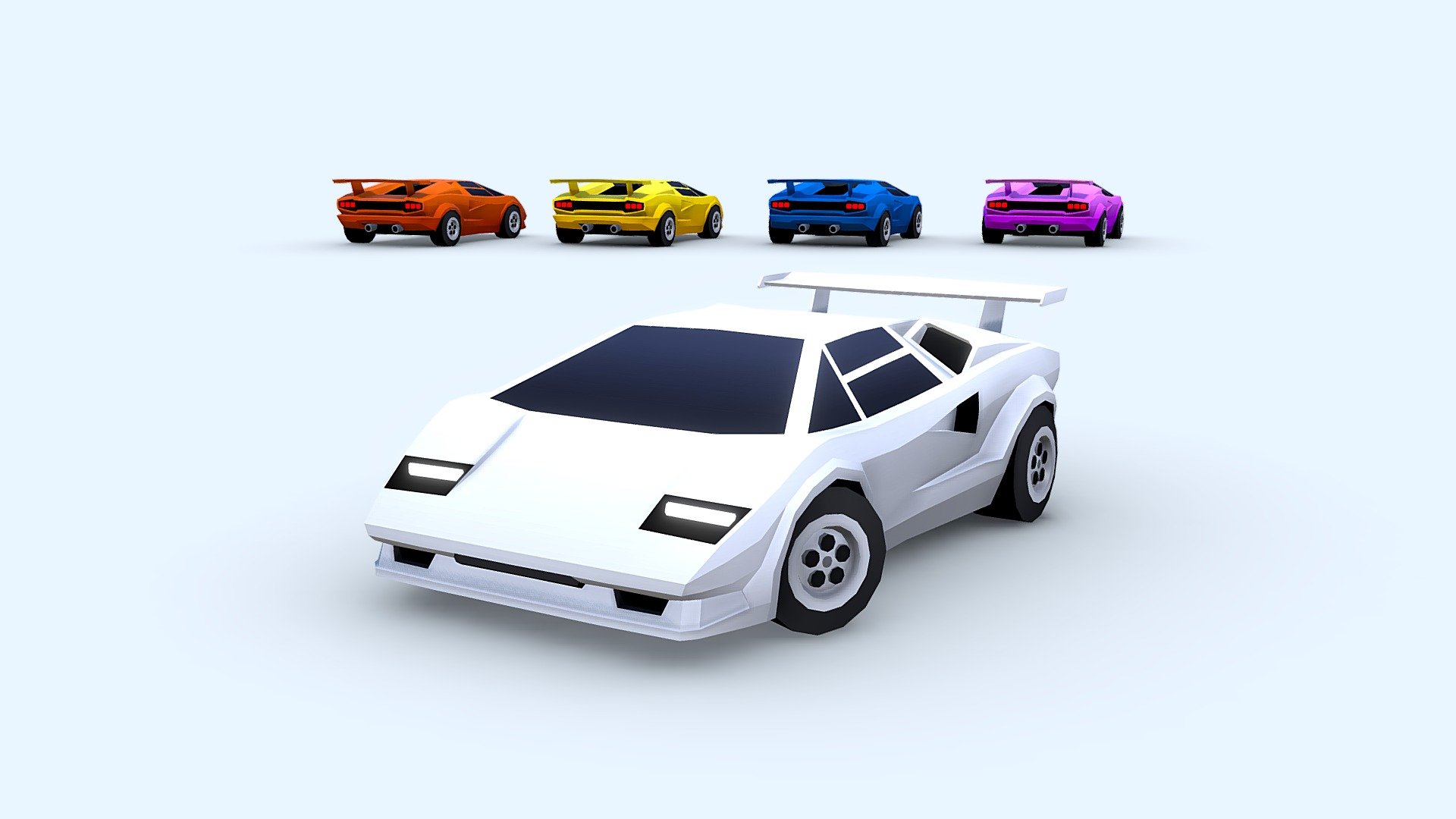 A Lamborghini Countach modeled in cartoon style!:


5 colors.
3144 triangles (wheels included).
FBX files included.
Cars use 2 materials (texture atlas of 512px * 512px).
Cartoon design.

This car is part of: CARS - Cute Racing Set - Cartoon Lamborghini Countach 1985 - Buy Royalty Free 3D model by SunsetStudio 3d model