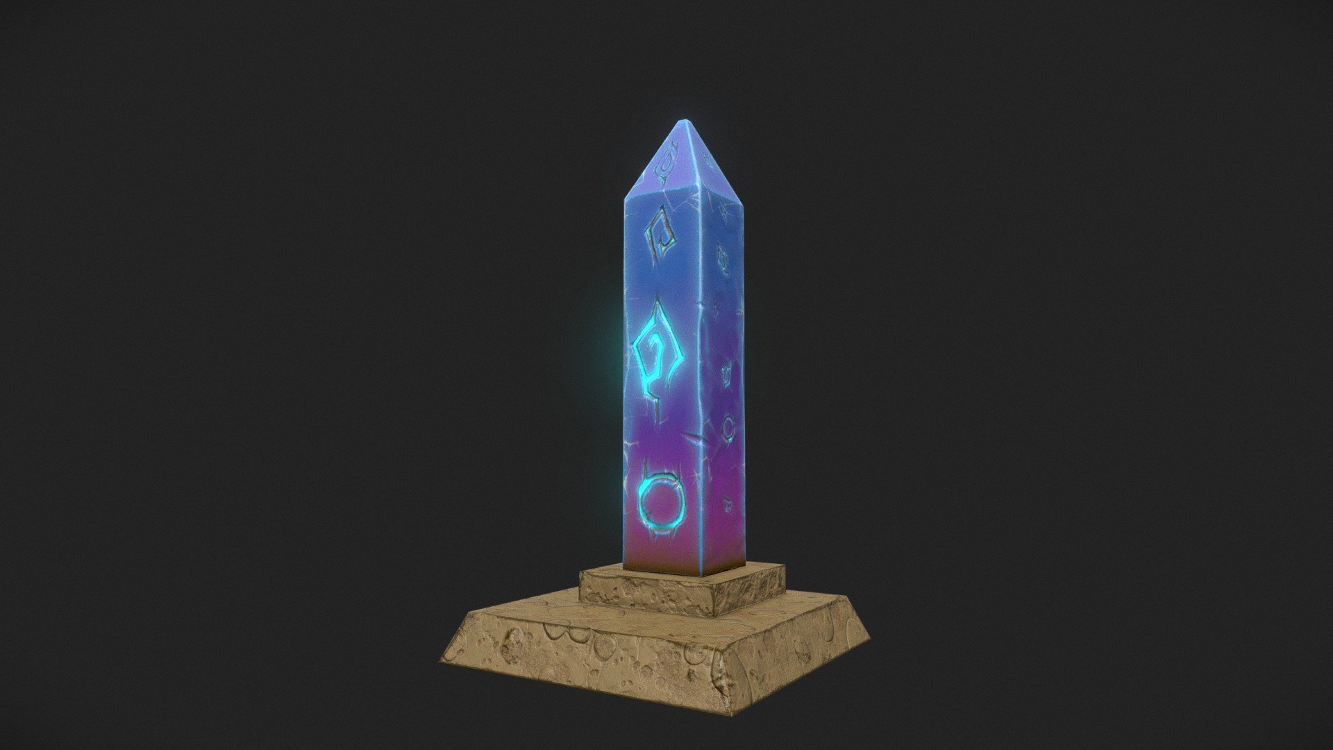 Crystal monolith with runes on a base of stone and sand, made to be a background asset for video games or animation 3d model