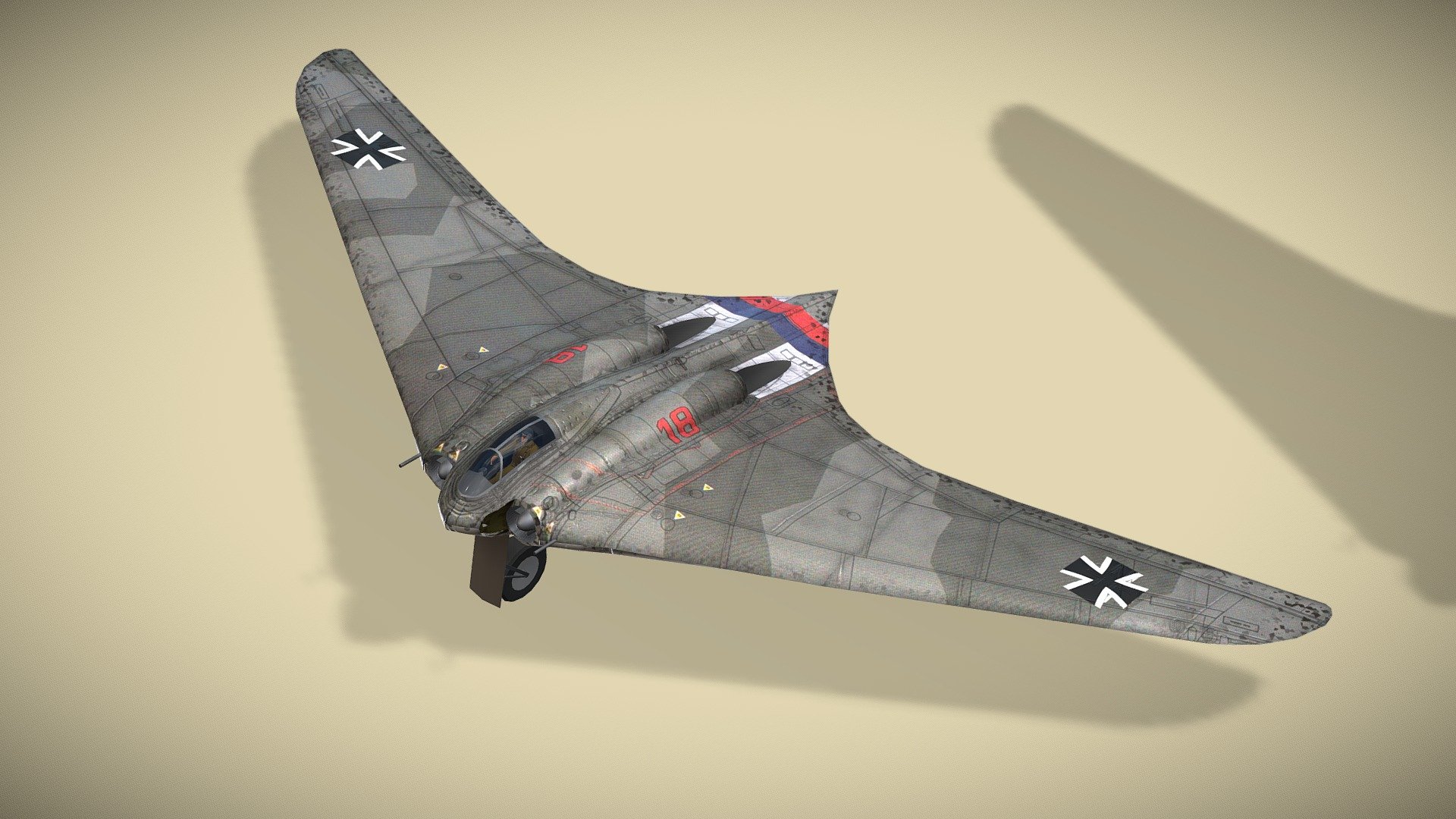 Horten Ho 229

Lowpoly model of german concept fighter/bomber plane from WW2



The Horten Ho 229 was a German prototype fighter/bomber initially designed by Horten brothers to be built by Gothaer Waggonfabrik late in World War II. It was the first flying wing to be powered by jet engines.

The design was a response to H. Göring's call for light bomber designs capable of meeting the &ldquo;3×1000