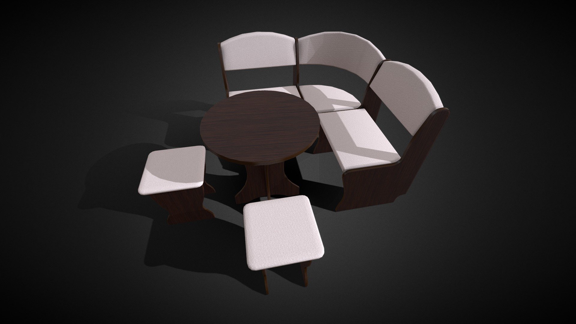 Dining area model (corner sofa, table and chair). The model has a single PBR texture with a resolution of 2048x2048. The total number of triangles is 2504.

Additional archive contains: FBX, OBJ and blend files. As well as JPG, PNG (+MetallicSmoothness for Unity) texture 3d model