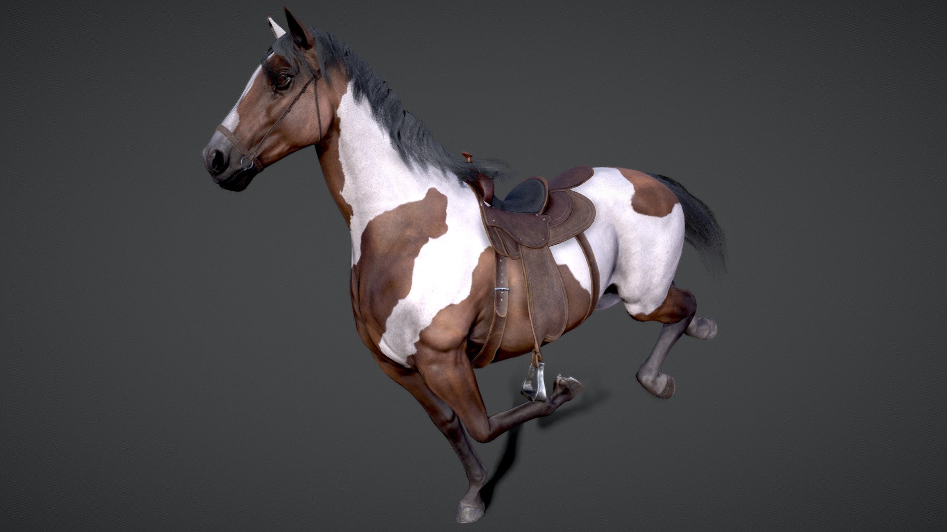 Youtube Link

Files: Unity(2018.4), Unreal(4.26), FBX(7.2), Blender(2.92).

Number of characters: 1

Number of skins: 10(Horse), 2(Saddle)


Materials(Unity): HDRP(Metallic) / Standard(metallic)

Number of Materials: 18

Textures: Albedo, Normals, MADS(Metallic, AO, Details, Gloss).

Texture Resolutions: x128/x512/x2048/x4096

Number of Textures: 20


Poly-count:

Tris: 19120 - Horse | 7121 - Saddle | 3580 - Bridle | 944 - Horseshoes

UV mapping: Non-Overlapping


Rigged: Yes

Animated: Yes

Number of Animations:29

Included animation: Arise, Attack(2), Buck(3), Death, Eat, Sleep, Idle(4), Swim(F, L, R), Fallen, Falling, Gallop(F, L, R), Jump, Jump Land, Jump Run, Run Stop, Small Jump, Walk(F, L, R)
 - Horse(Stallion)  |Game Ready| - Buy Royalty Free 3D model by Viverna (@Viverna_362) 3d model