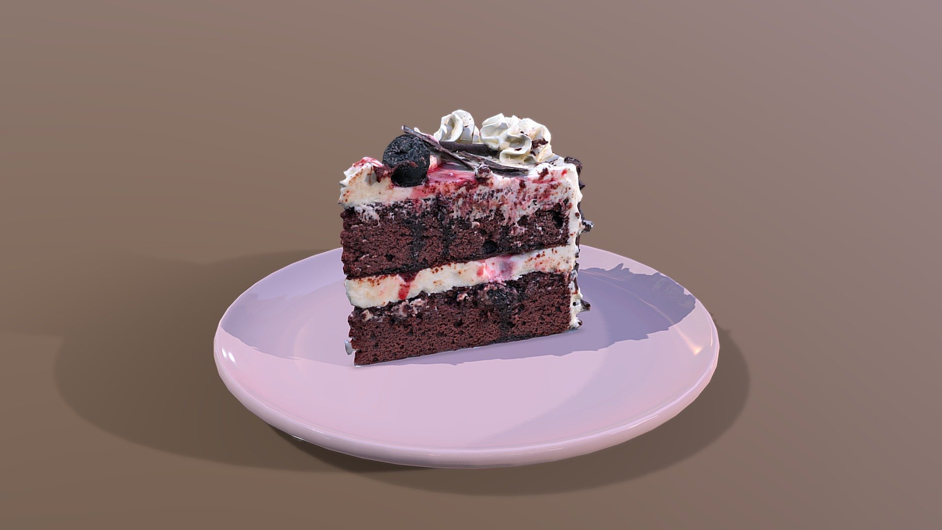This iconic Black Forest Gateau, slice was created using photogrammetry which is made by CAKESBURG Premium Cake Shop in the UK. You can purchase real cake from this link: https://cakesburg.co.uk/products/chocolate-heaven-cake?_pos=1&amp;_sid=25d1b3fb8&amp;_ss=r

Slice Textures 4096*4096px PBR photoscan-based materials (Base Color, Normal, Roughness, Specular, AO)

Click here for the uncut version.

Click here for the cut &amp; slice version 3d model