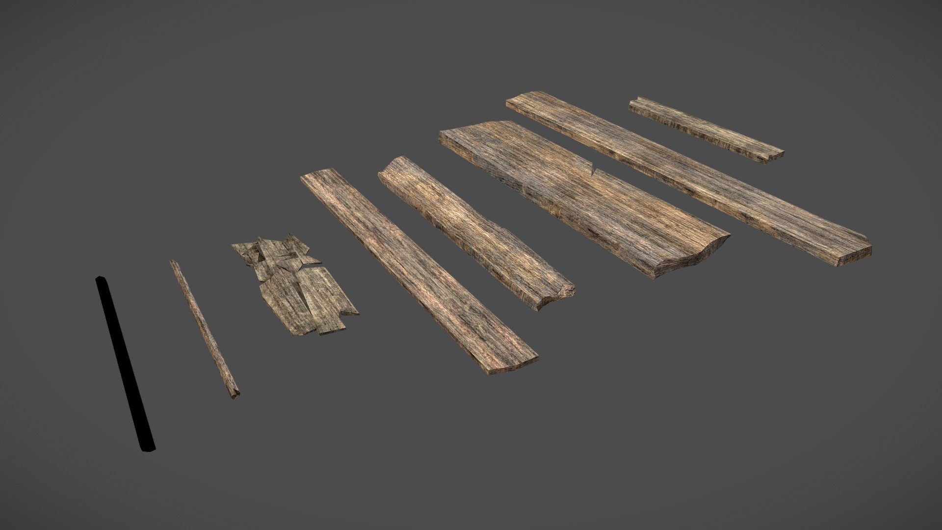 Some simple stylized wooden planks and debris, with varying damage. Comes with 2K Textures. 

Maya file included for convenience and an FBX. 

Something to possibly scatter in your scenes to fill in the empty areas.

Relatively low-poly models, with some bevels applied. UVed 3d model