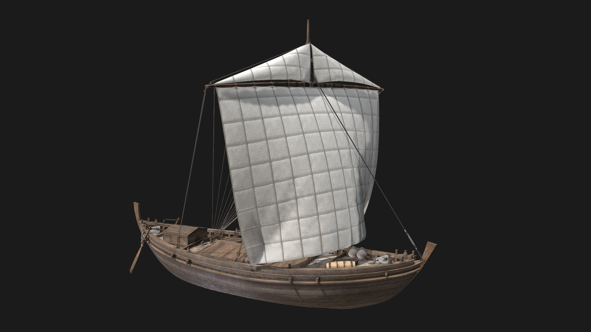 During the construction of a new riverside wall in 1962 in London, the remains of an interesting ship were found. Dating evidence from the timbers and a coin found in the mast step placed the ship as likely being built, and sunk, during the Roman period, specifically in the 2nd Century CE. However, the ship was constructed in the Celtic tradition.

The reconstruction is based primarily on the excavation report by Peter Marsden published by English Heritage, “Ships of the Port of London – First to eleventh Centuries AD”. It contained detailed drawings of the remains and reconstruction drawings. Where no evidence remained, such as for the sails and the rear of the ship, Roman period iconography and other Roman period shipwrecks from northern Europe were used as inspiration. The sail plan is based of the Torlonia relief, and the nearly intact mast of a Roman period ship found in Bruges, Belgium. The deckhouse for the cabin is based off the well preserved cabin of the De Meern 1 shipwreck in the Netherlands 3d model