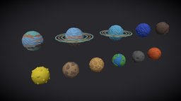 Low poly planets jupiter, moon, mars, saturn, earth, sun, planets, venus, pluto, neptune, uranus, cartoon, low, poly