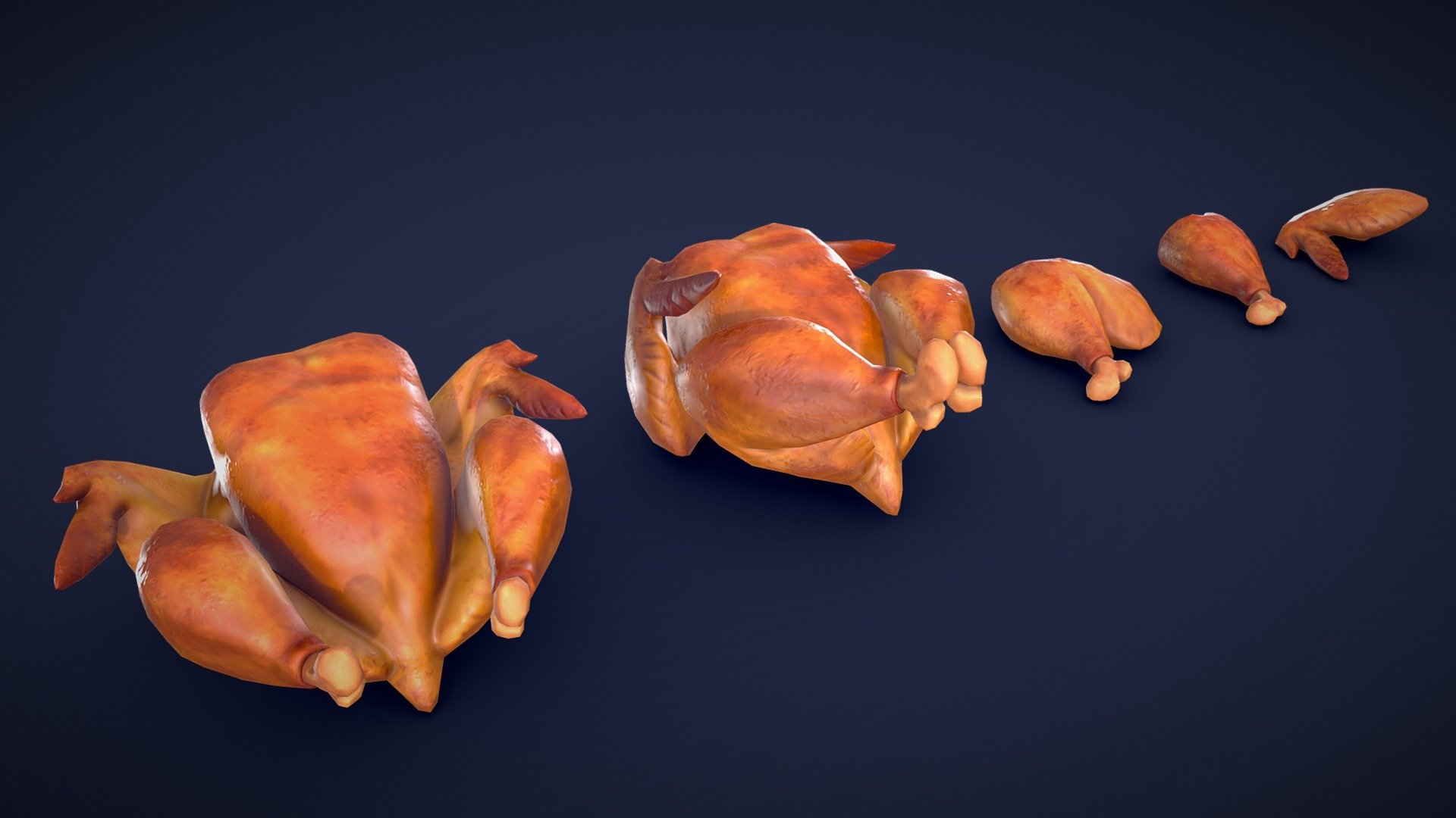 This asset pack includes 2 different roasted chickens, a chicken leg, drumstick and chicken wing. All models are low-poly and optimized for performance and quality. Whether you’re creating a feast, bbq or adding a unique touch to your game environment, these chicken assets will add some detail to your project!🍗

Model information:




Optimized low-poly assets for real-time usage.

Optimized and clean UV mapping.

2K and 4K pbr textures for the assets are included.

Compatible with Unreal Engine, Unity and similar engines.

All assets are included in a separate file as well.
 - Stylized Chicken Roasted - Low Poly - Buy Royalty Free 3D model by Lars Korden (@Lark.Art) 3d model