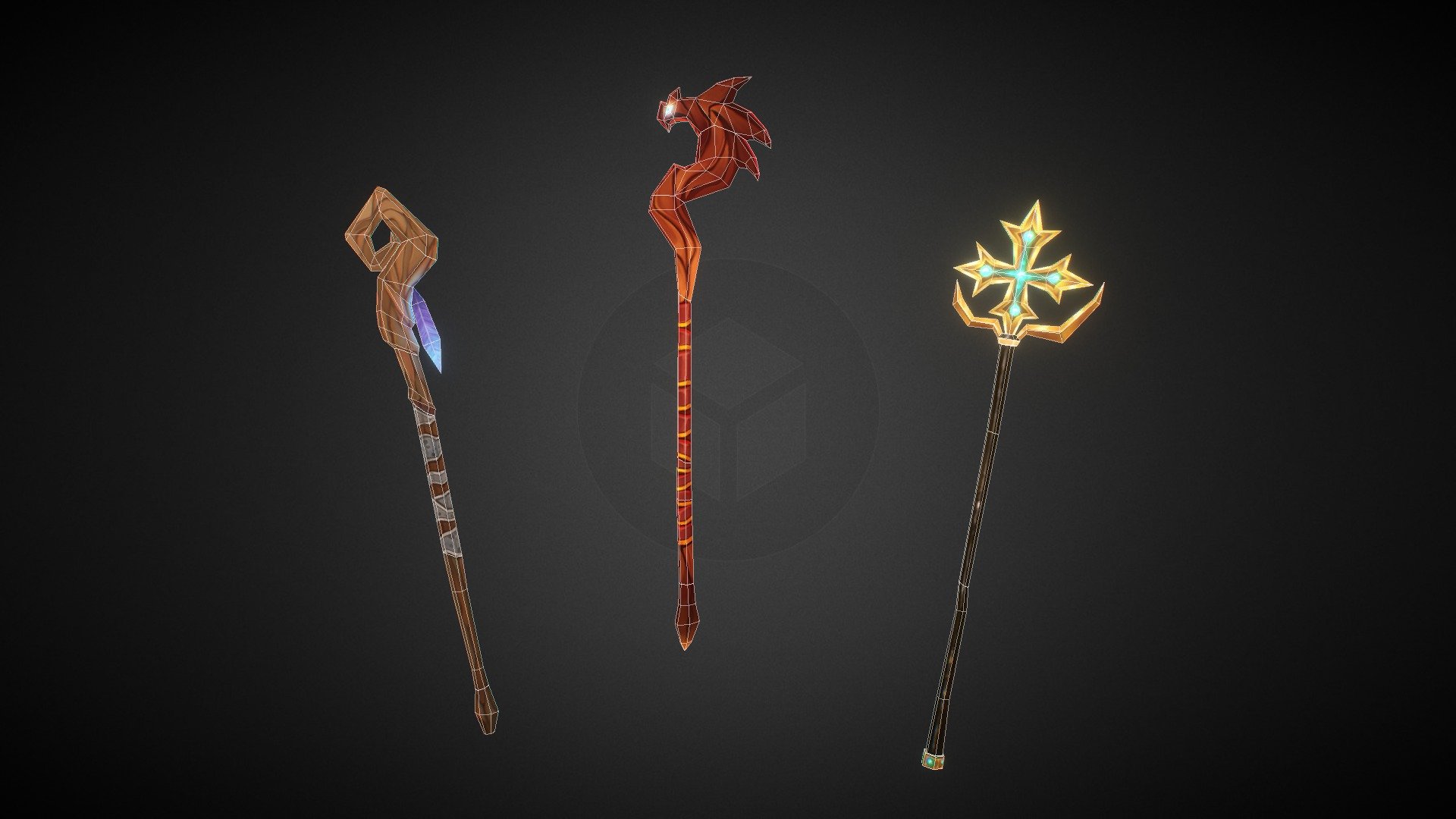 3 staffs, 1024 textures, diffiuse only LP. Made for unity asset store - Staffs - 3D model by Mallaria 3d model