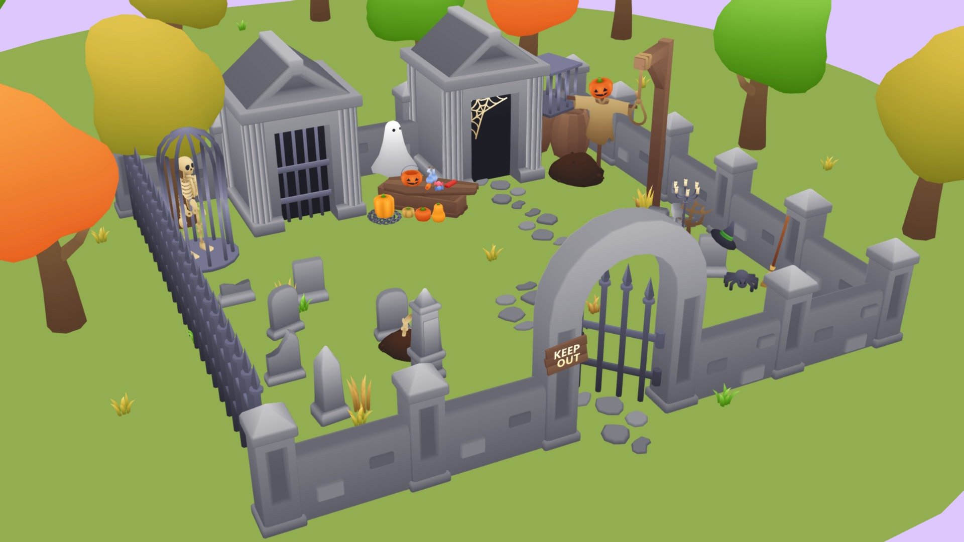 Fun and cute Lowpoly Spooky Pack! 
For Halloween, dungeons and cemetary themes.

&ndash;For sale on the Unity Assetstore&ndash;

Discover a wide range of Halloween-themed assets!

This package contains 207 Prefabs of the 120+ unique Assets included.
Comes with 193 sprites of those assets to use as images in inventories!

Coffin lids and some pumpkin lids can be lifted! Most unique assets come in several color variations. 
There are some things that could glow, like the pumpkins with yellow eyes, for this a texture for emissive materials is included. Using a toon shader is recommend for the best looks but I just use the built-in mobile unlit shader.

Types of stuff:
- Cemetery assets: headstones, modular walls and fences, etc
- Vegetation: trees, shrub, grass, tall grass, pumpkins (6 types with color variations)
- Halloween assets: scarecrow, candy, hats and props, etc
- Dungeon/manor props: crates, barrely, guillotine, cages, coffins, candles, etc - Jacky's Lowpoly Spooky Pack - 3D model by Jacky Vintonjek (@JVintonjek) 3d model