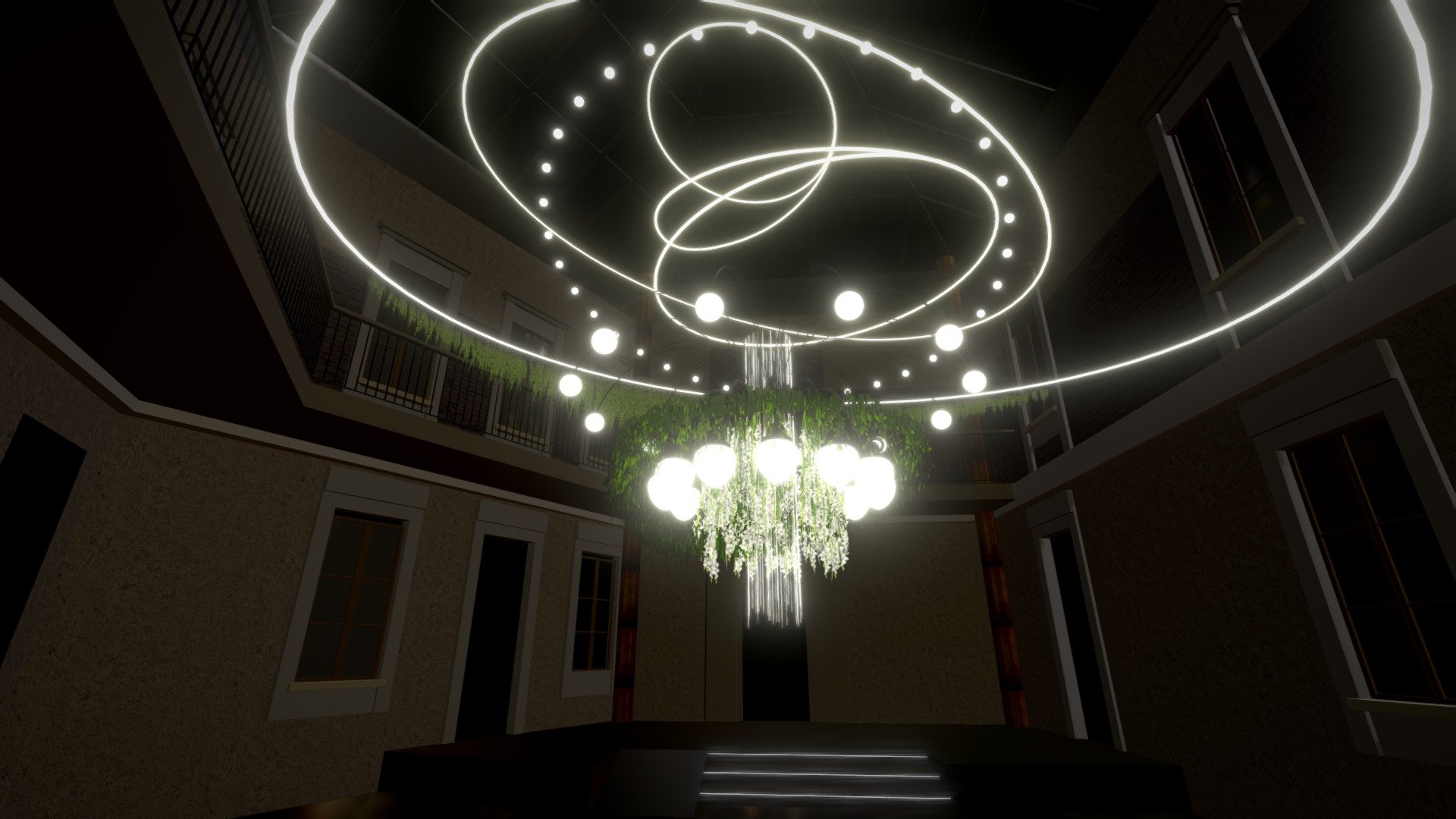 This giant moving chandelier is designed for an amazing palace wedding project. The movement of the light rings is very smooth. Fastening with metal strings to ring gears in the ceiling. Light rings and spirals, precise lamps arranged in a circle move at different speeds, recalling the time. Therefore, the project is called &ldquo;celestial mechanics