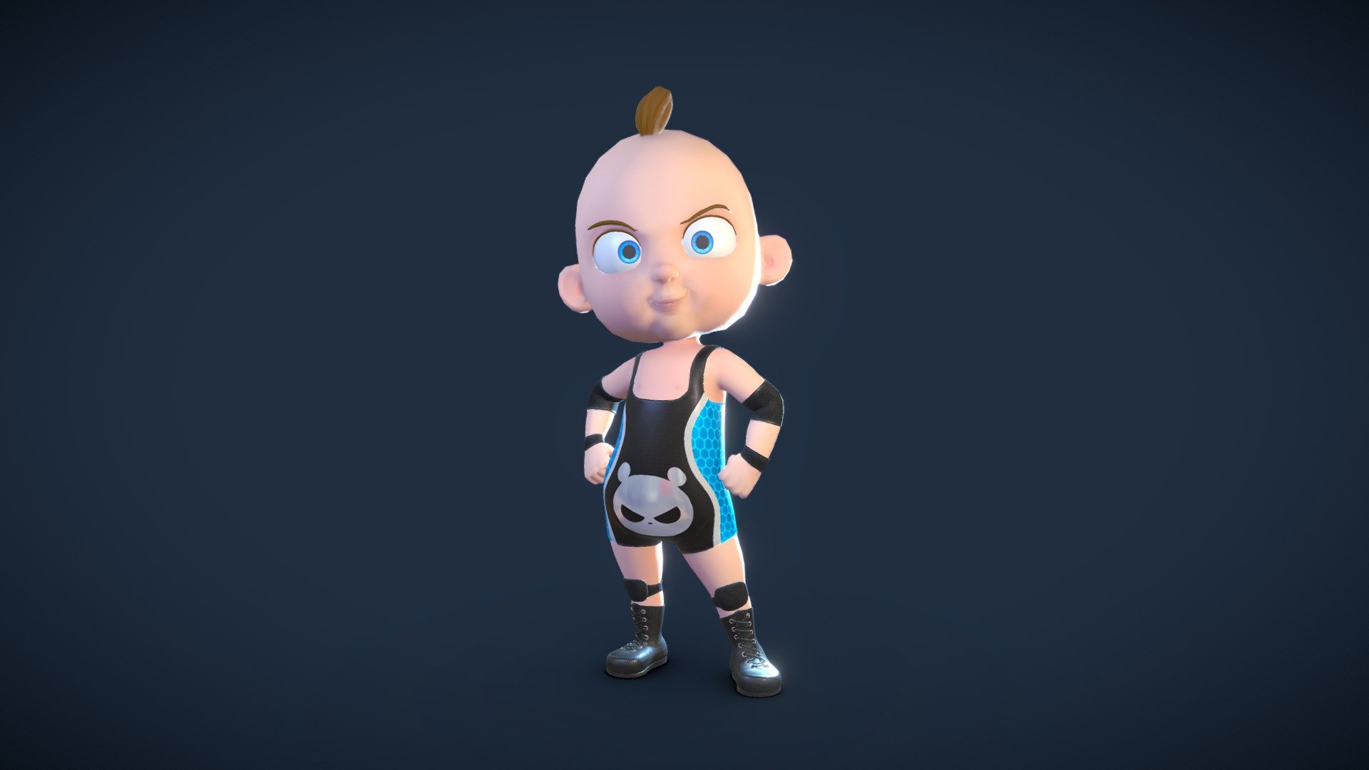 This little wrestler is a great fighter above the ring, he's fast and slippery, his parents are big legends in the wrestler world, and he'll be a big wrestler one day too.
You can see the whole project here.
https://www.artstation.com/artwork/ZG6dOX

Buy and get the sketchfab model, Pose A model and mask with textures - Baby Wrestler - Buy Royalty Free 3D model by efrenfreeze 3d model