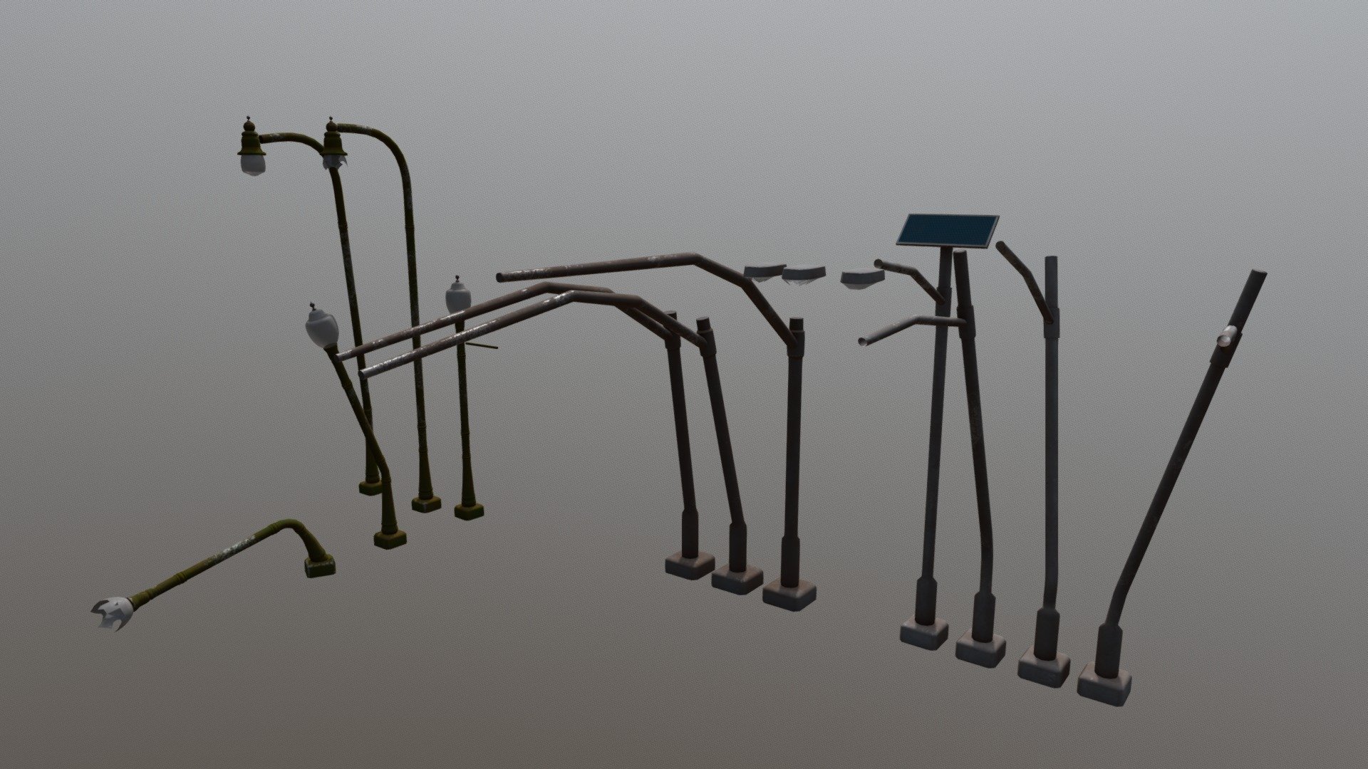 Here i have a few traffic light poles, and street lamps, so I came up with a few versions that should be a bit modular so that way I can change them up a tad to make them look a bit unique for the look that you want 3d model