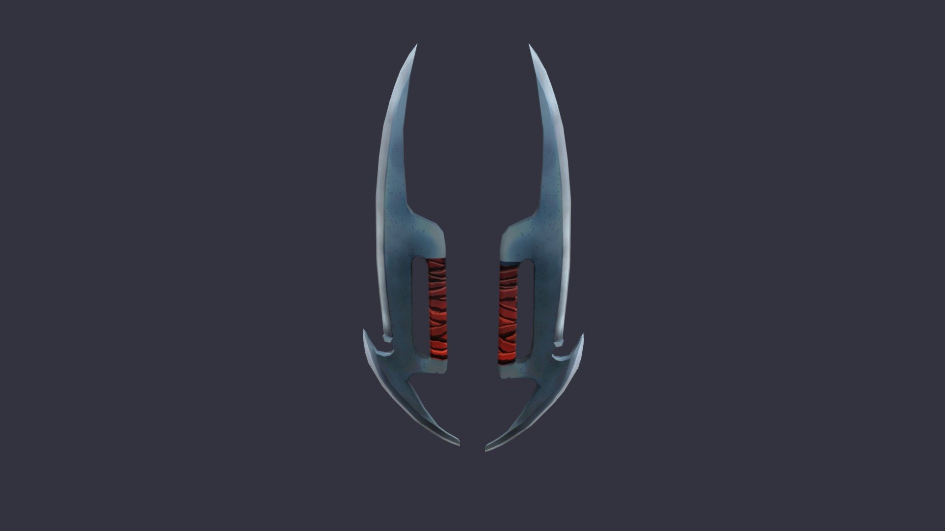 One of a set of lowpoly fantasy weapons. A pair of very spiky daggers with sharp spikes pointing both forward and back. Inspired by Chinese mandarin duck knives. 
One daggers has 364 tris, both together would be 728 tris. They use the same 512x1024 pixel hand-painted texture 3d model