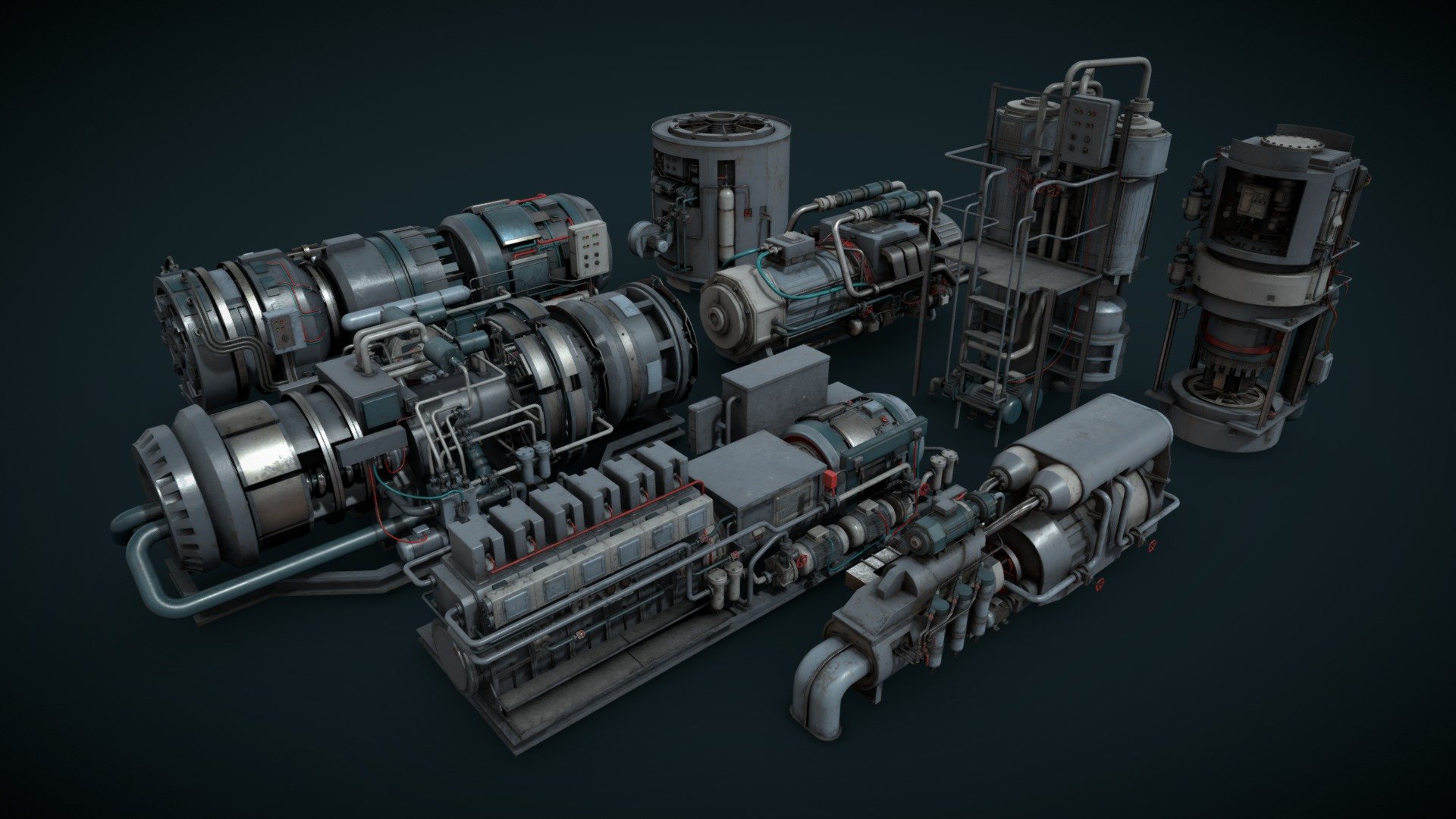 8 models of machinery devices for industrial visualizations 

Painted and heavy rusted PBR textures included 

Non overlapping UVs 3d model