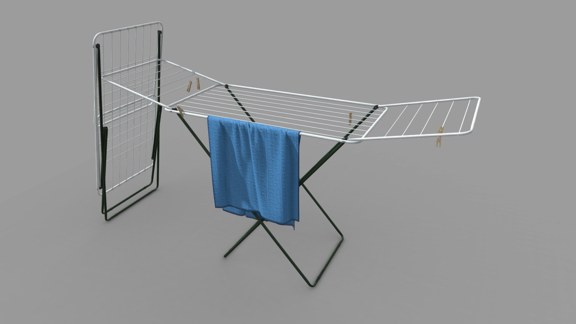 Laundry drying rack with a towel and wooden clips/pegs.

Rack has a folded version aswell.

Towel is simulated, and can be subdivided for cleaner look.
Clips have 3 shape keys - opened, halfway and closed.

wooden clips - 1 430 verts, 2 840 tris, 1K texture set
drying rack - 3 868 verts, 7  488 tris, 2K texture set (UVs are overlaping for better resolution)
towel lowpoly - 6 006 verts, 12 008 tris 2K texture set

Hi poly towel version is in additional files with its own textures. This hipoly was used to bake normals for lowpoly.
towel hipoly - 86 436 verts, 172 868 tris, 2K texture set

all PBR (Basecolor, Metalic, Roughness, Normal OpenGL, AO and Height)
all in png and smaller jpg

Real world scale.

Blender, Substance painter - Drying rack with a towel and wooden clips - Buy Royalty Free 3D model by vojtaklemperer 3d model