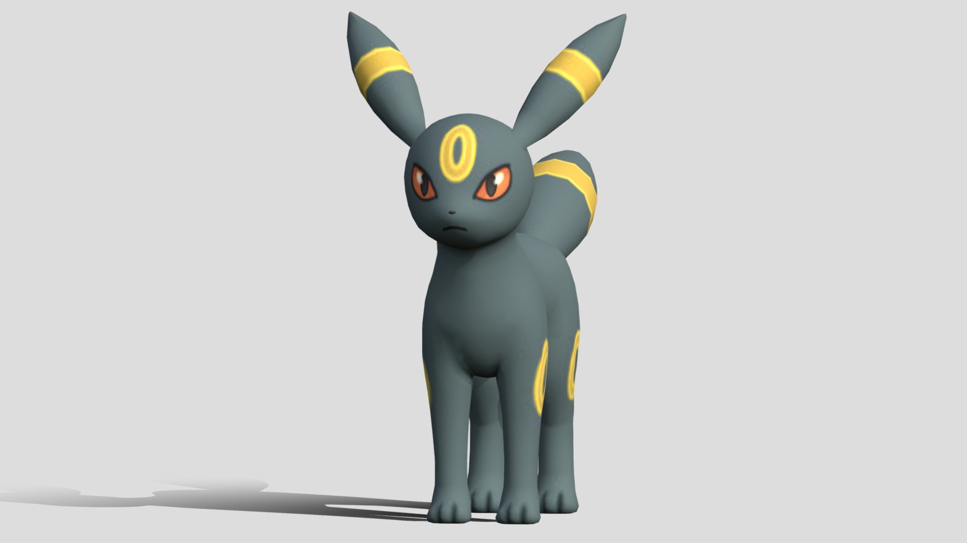 Umbreon is a mammalian Pokémon which has a sleek, black body with four slender legs and crimson eyes. It has two pairs of pointed teeth (one pair in each jaw) which are visible when its mouth is open. It has long, pointed ears and a bushy tail, each with a yellow band around them. Its forehead and legs have yellow rings on them.

Umbreon's evolution is the result of Eevee being exposed to the moonlight, which altered its genetic structure. Umbreon's yellow rings glow when it is excited, such as when it leaps to attack; or when exposed to the moon's aura, which fills it with a mysterious energy. Umbreon hunts at night and, as such, has well-developed eyes that can spot a prey even in darkness. Its black fur helps it blend into the night while waiting for the right moment to pounce. When it does, its rings emit a dim yet ominous glow, and it lunges for the prey's throat before eating 3d model