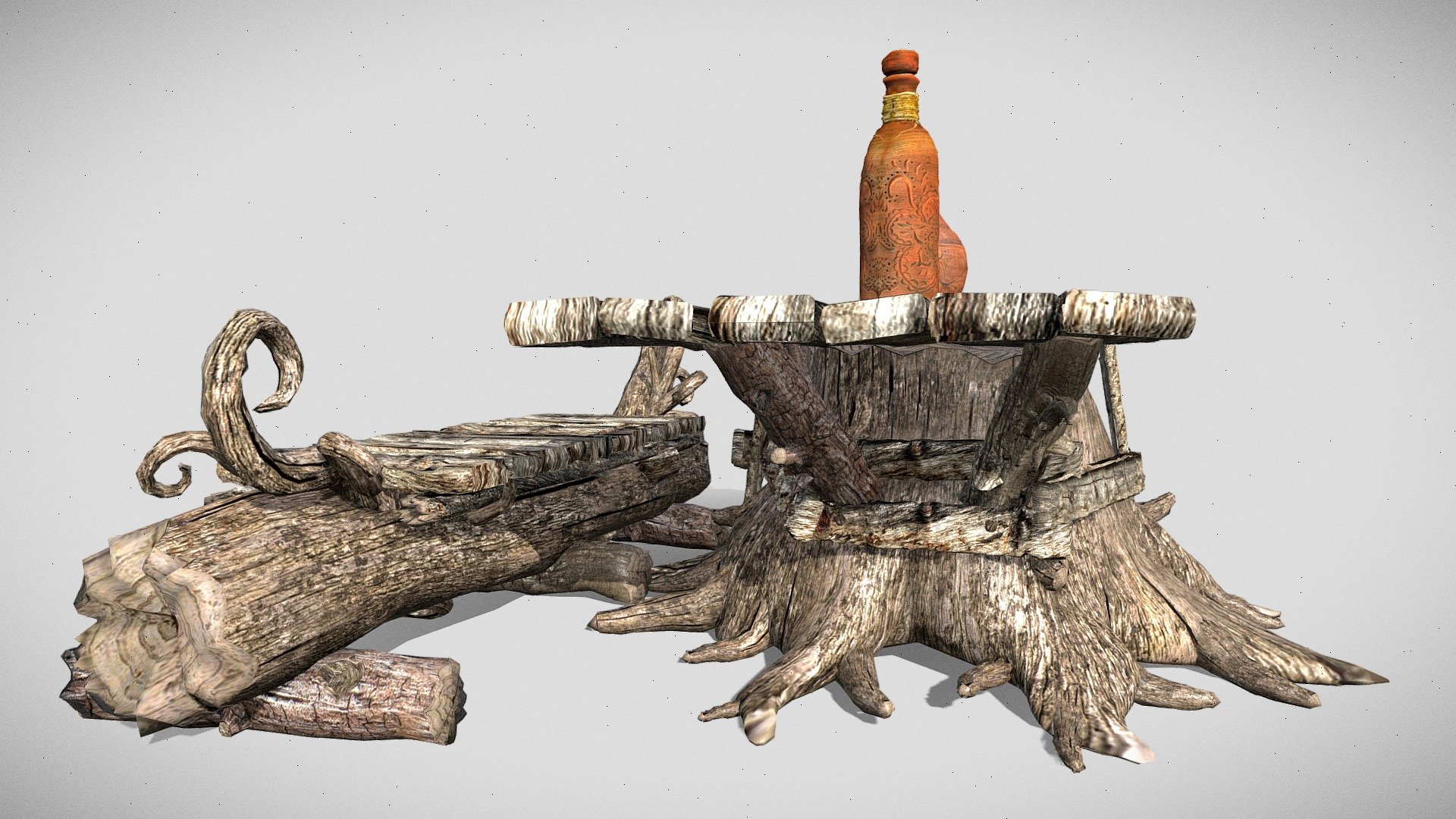 Optimised, game ready models, tested in unity.
Table and log share 1 material, bottles - another 1 - Stump table and seating log with bottles - Buy Royalty Free 3D model by Anton_Chemezov 3d model