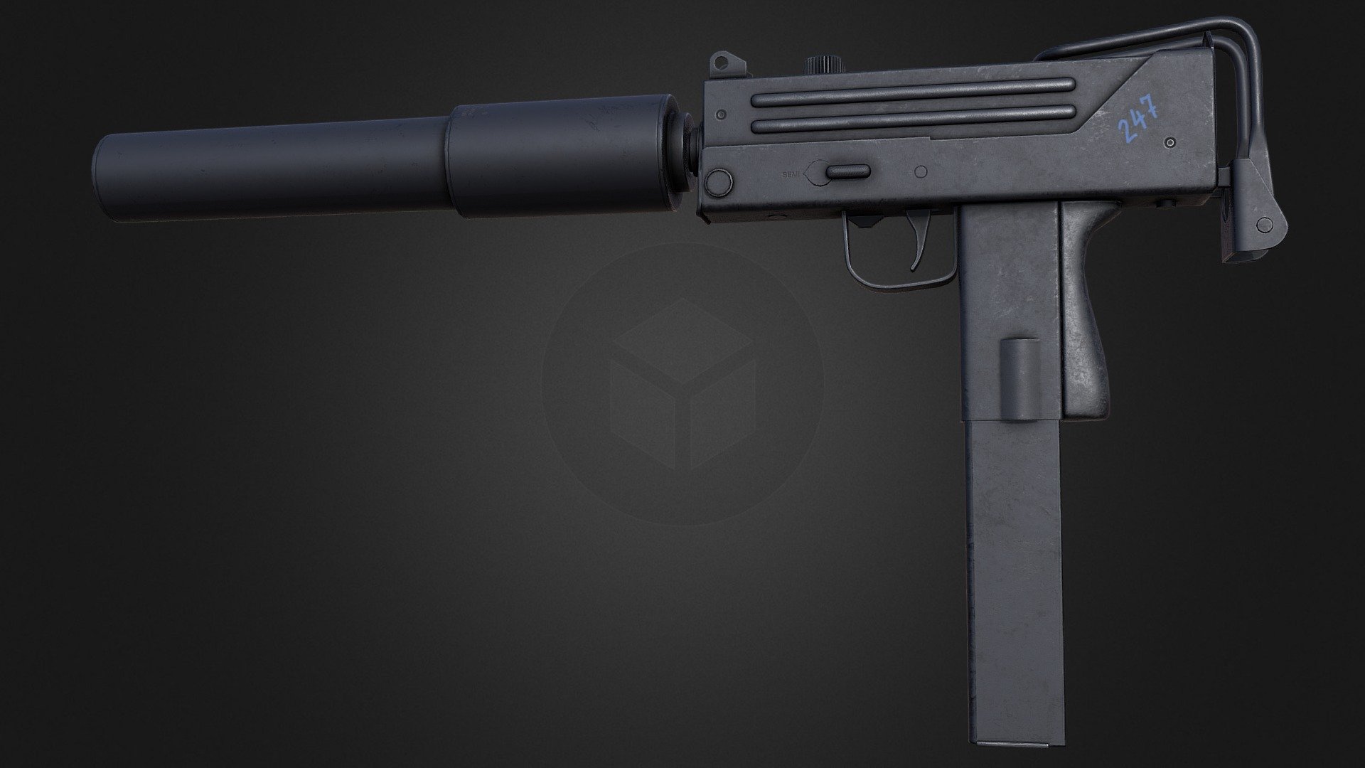 Low-poly model of the well-known Ingram MAC-10 submachine gun. Textures are: 4k for receiver, 2k for mag, stock and suppressor, and 512x512 for fire mode selector. Textures are PBR metallic-roughness in PNG format. Normals are in DirectX format (-Y). Overall triangle count is 11968 tris, 6232 verts.

All model parts that intended to be moving when animated were baked separately. Suppressor is detachable 3d model