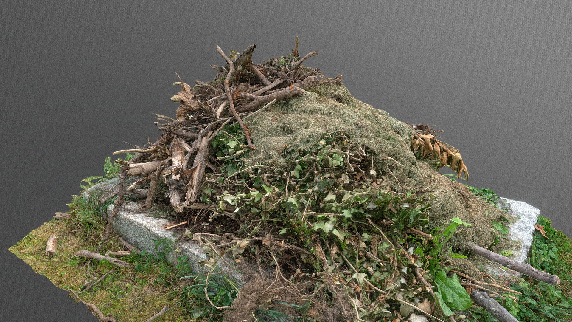 Cut branches grass campfire fire firepit heap pile mound, burning garden natural waste leftover material

photogrammetry scan (150x24mp), 3x16k textures +HD normals - Cut branches grass campfire - Download Free 3D model by matousekfoto 3d model