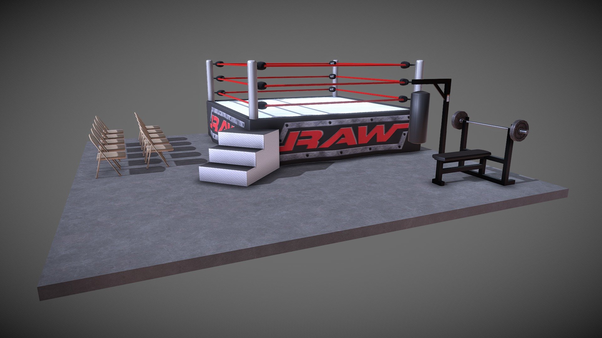 This is a personal project of mine over the span of a couple days. As a life-long WWE fan, it felt like a no-brainer to create some fan art for my portfolio. It's a bit of a different direction from my other pieces, but I'm proud of the outcome.

The WWE and Monday Night Raw logos are all rights to World Wrestling Entertainment, Inc.

Polished Concrete, Threadplate Metal, Rough Steel, and Brushed Aluminum were all downloaded from textures.com 3d model