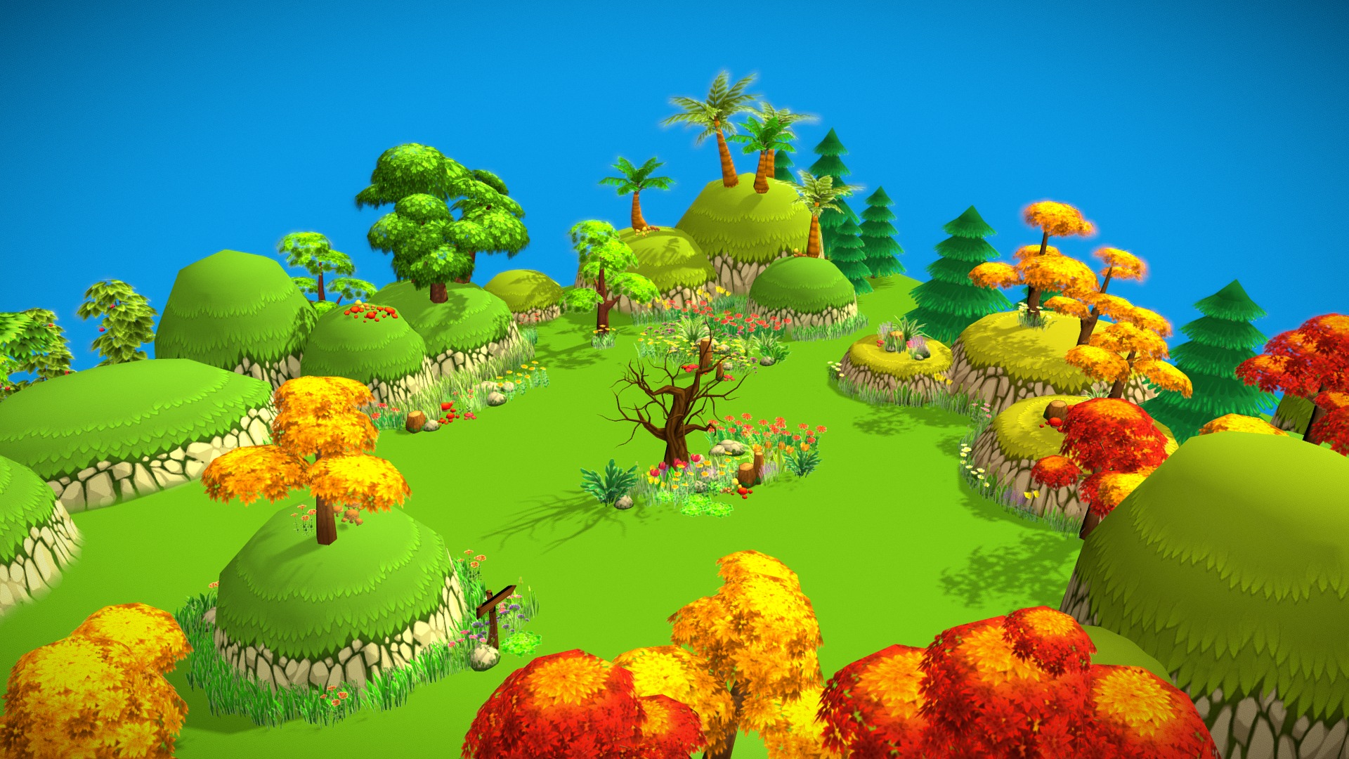 -link removed-

This pack comes with trees, mushrooms, grass, shrubs and bushes, flowers, hills and a tiling water stream&hellip; All you need to build a whimsical, cartoony looking forest. All models have low tris counts and texture map limited at 512x512 and 256x256. 

It's easy to create natural environments on your own using over 60 various plants in this pack 3d model