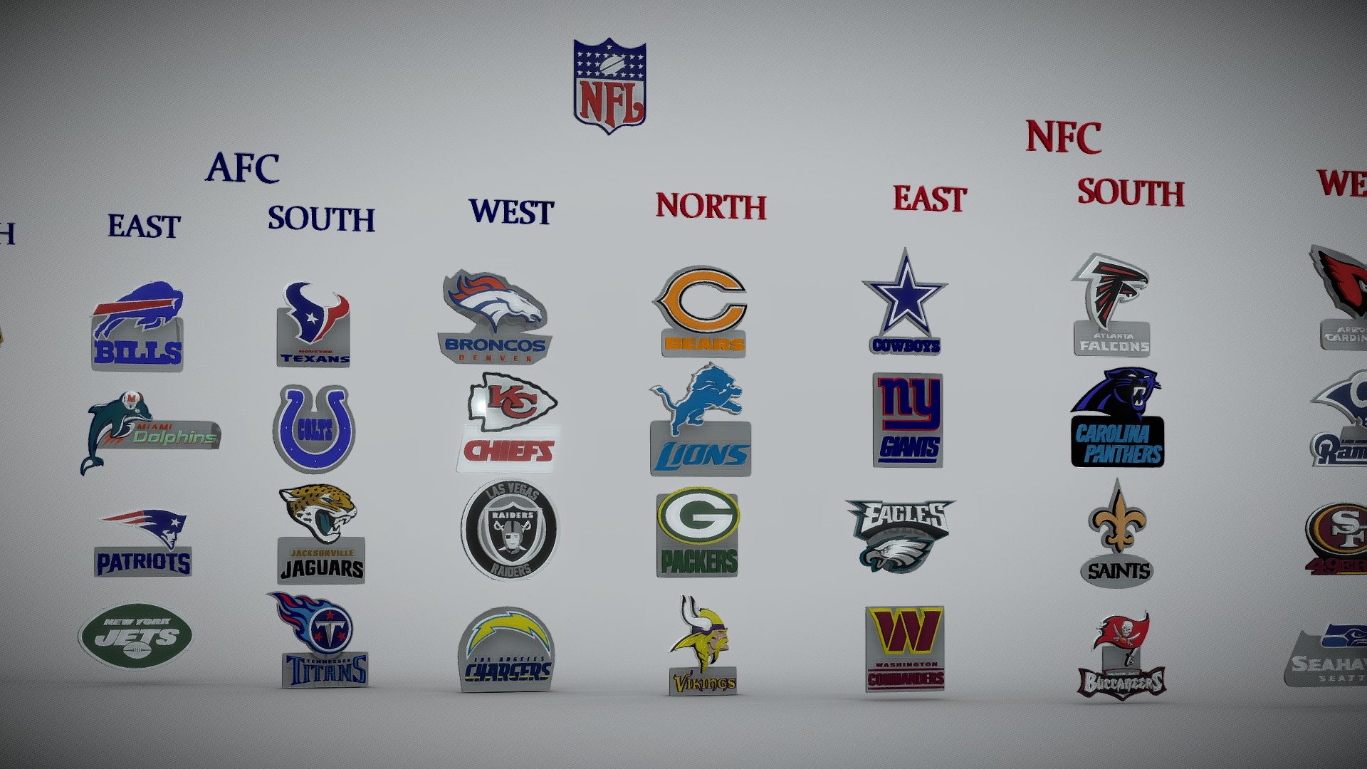 National Football League (NFL) all Logos for printing and rendering

American football league all Logos 
Printable and renderable logos

Ready to print
Ready to render
Videogame Real Time ready

10cms tall each one approx

Merged and color-splitted models

Format: FBX vertex color and STL full and splitted versions

Ilustrator vector included

If you have any questions do not hesitate to write me, I will be happy to answer! - NFL ALL LOGOS Printable an Renderable - Buy Royalty Free 3D model by generalista3D (@adelin) 3d model