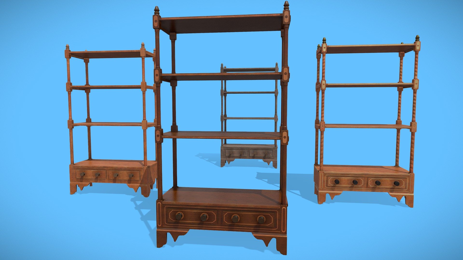 1800s Wooden Shelves with drawers - in four texture variations - 1800s Wooden Shelving Type A - Download Free 3D model by Mad_Lobster_Workshop 3d model