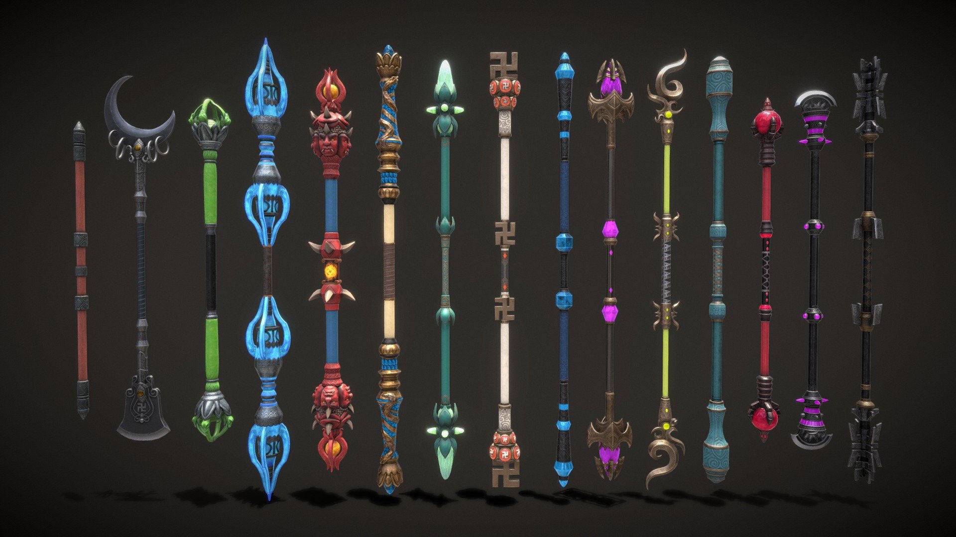 A set of quality staff models. Consists of 15 original objects. Each staff has a PBR texture with a resolution of 2048x2048.

Total polygons (triangles) 78652 

SM_Staff_indian_set04_01 - 1176 

SM_Staff_indian_set04_02 - 5976 

SM_Staff_indian_set04_03 - 7624 

SM_Staff_indian_set04_04 - 5520 

SM_Staff_indian_set04_05 - 12816

SM_Staff_indian_set04_06 - 5240 

SM_Staff_indian_set04_07 - 5872 

SM_Staff_indian_set04_08 - 5560 

SM_Staff_indian_set04_09 - 2360 

SM_Staff_indian_set04_10 - 6128

SM_Staff_indian_set04_11 - 4084

SM_Staff_indian_set04_12 - 2576

SM_Staff_indian_set04_13 - 4208

SM_Staff_indian_set04_14 - 4880

SM_Staff_indian_set04_15 - 4632

Archives with textures contain:

PNG textures - base color, metallic, normal, roughness

Texturing Unity (Metallic Smoothness) - AlbedoTransparency, MetallicSmoothness, Normal

Texturing Unreal Engine - BaseColor, Normal, OcclusionRoughnessMetallic - Fantasy Indian Staff Set 04 - 3D model by zilbeerman 3d model
